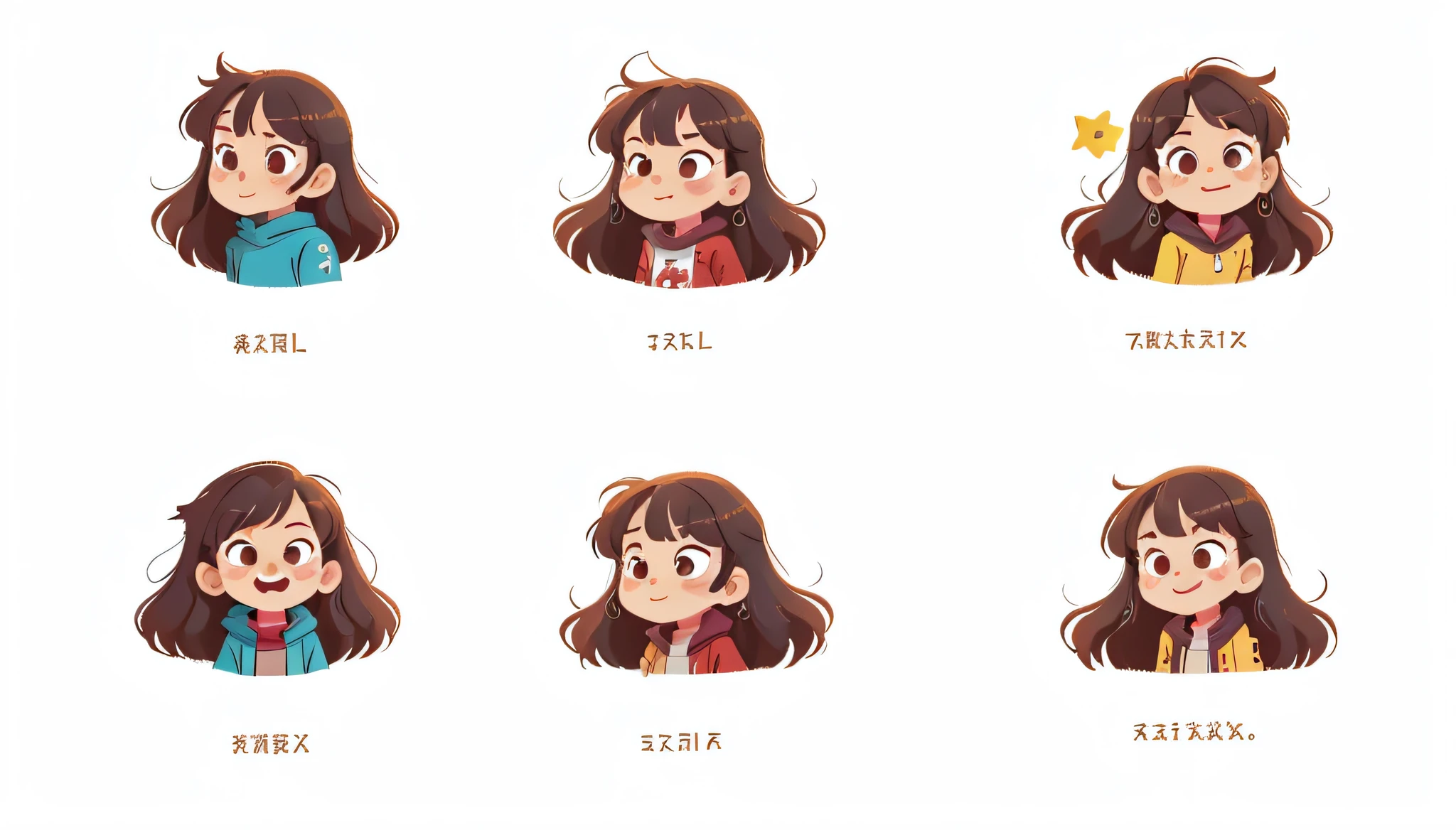Close-up of cartoon characters in casual clothes，6 anime character stickers with different emoticons，face to looking at viewer，having fun，Grieving，funny，delightful，doubt，Sure，Determination，Sure，resolute，winking，winking，winking，eye closeds，Love eyes，Star Eyes，envy，adore，Circle eyes，Red coat，Long black hair，half-body，Complete hand and five fingers，Complete hand and five fingers，Complete hand and five fingers，Mini cute long hair girl for women，High-quality character design，animation character，Half-length characters，Half-body character design，Professional character design，Game character design，Half-body solo character，2D illustration，2D illustration，Cute characters，Female protagonist👀：8，