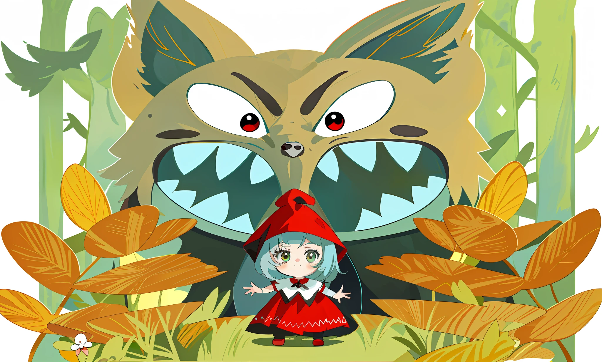 (The Masterpiece,Top quality,best qulaity,officlal art,Beautiful and aesthetic:1.2),there is a cartoon picture of a girl and a big wolf, Big bad wolf, red riding hood, fairy-tale illustration style, woods,cute-style