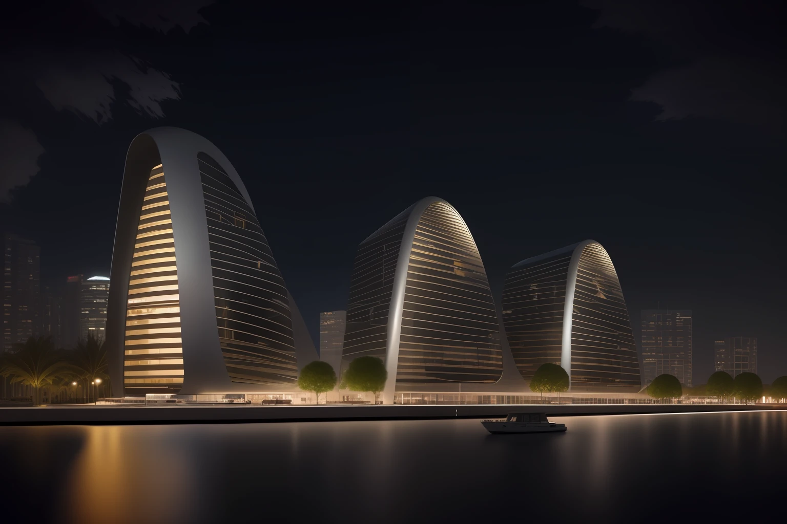 nighttime view of a city with a boat in the water, author:Chass is silent, in style of zaha hadid architect, foster and partners, elegant bridges between towers, architectural render, in style of norman foster, archviz, architectural rendering, inspired by João Artur da Silva, inspired by Zha Shibiao, an award winning digital render