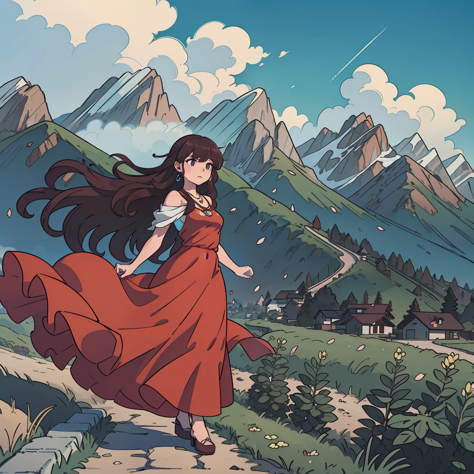 masterpiece,ultra realistic,32k,extremely detailed CG unity 8k wallpaper, best quality,
The Swiss Alps, Switzerland, ( Dark red A-line dress ) ,((spring day )), Beachy waves with a side part ,eardrop,lady ,necklace,