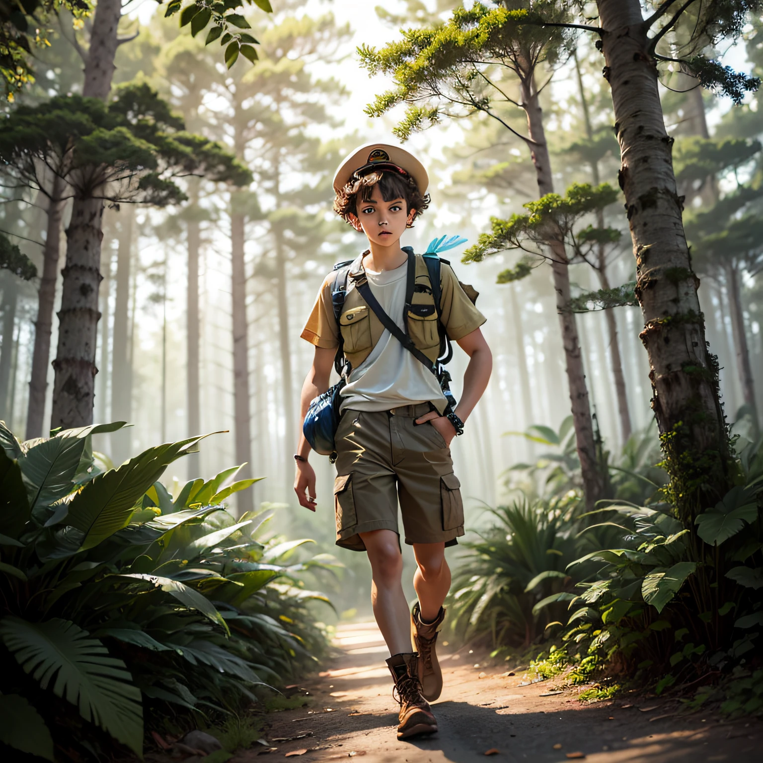 Max is a 10-year old young boy, he has vibrant blue eyes, bouncing curly brown hair, wears a brown khaki explorer's hat with a small feather on top, a beige safari-style shirt with pockets, khaki shorts, and tall brown boots, surrounded by tall trees in a jungle. --auto