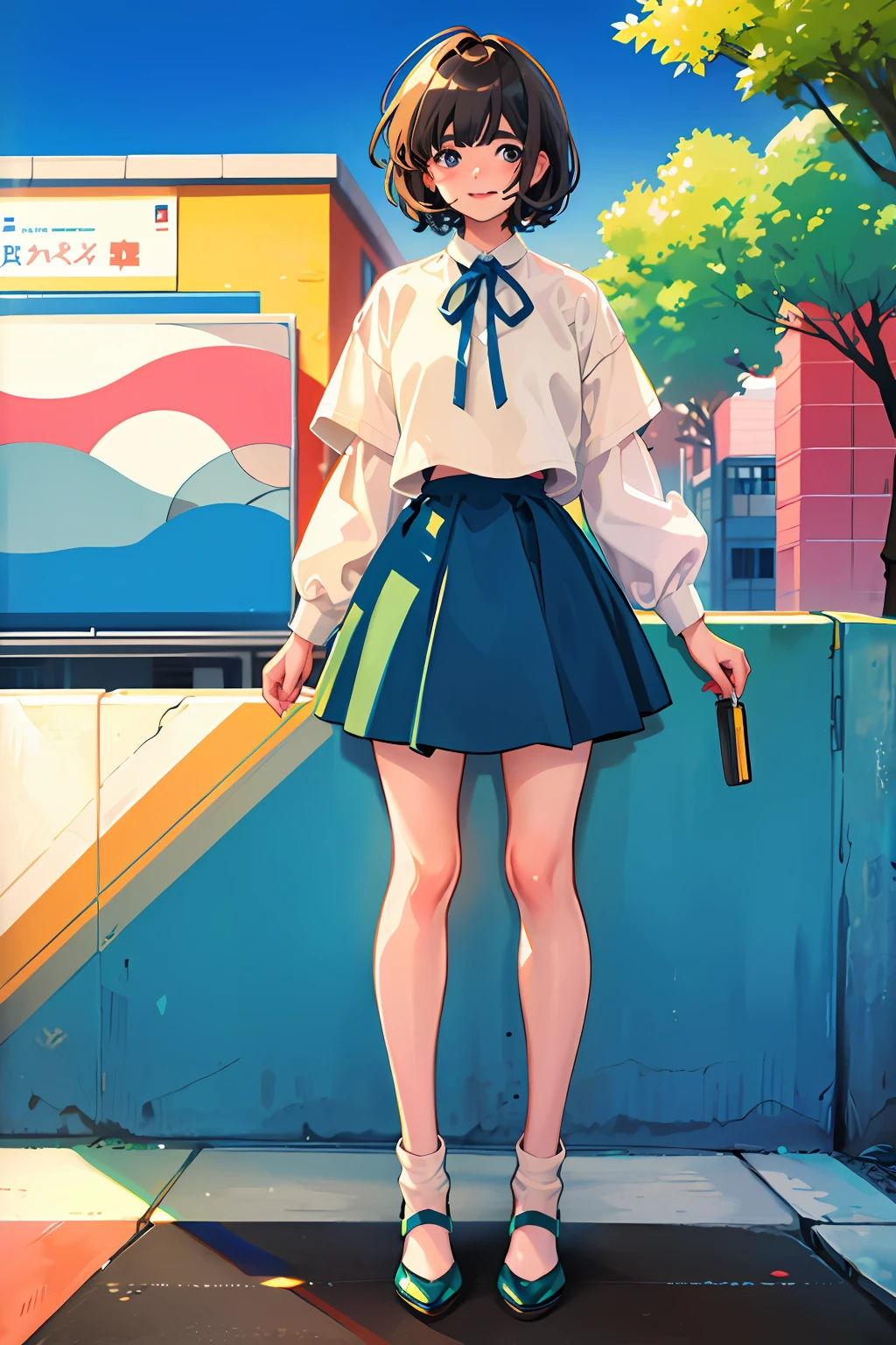 (masterspiece:1.1、beste Quality)、1girls、short hairs、brown colored hair、little chest、colorfully、rays、detailded、backgrounds、beautiful Clothes、Realstic、colourful clothes、blushes、
[Flower hairpin], Sunnyday, [[A slight smile]], a school uniform, urban environment, schools, Light blue hair, Rainbow Ray, deserted, (full full body), Dynamic,