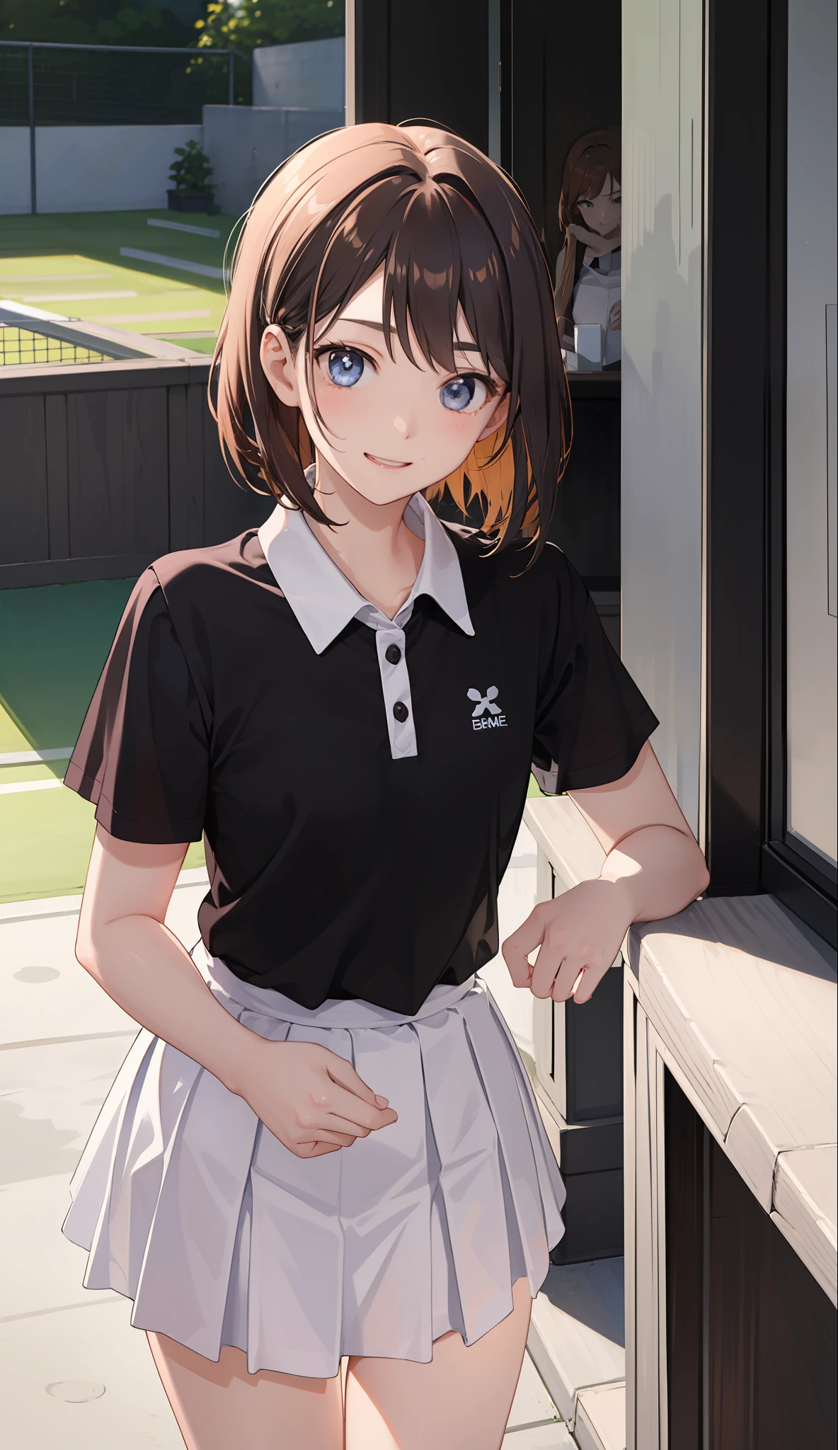 1The girls、shirts、preated skirt、17yearsold、Bob Hair Style、smile on face、delightful!、enmaided、Chromo-white skin、Beautiful Eyes、(small tits)、throb、Wimbledon、(Wearing white tennis wear)、Bright lighting、Vents、the sun、Various hair colors、