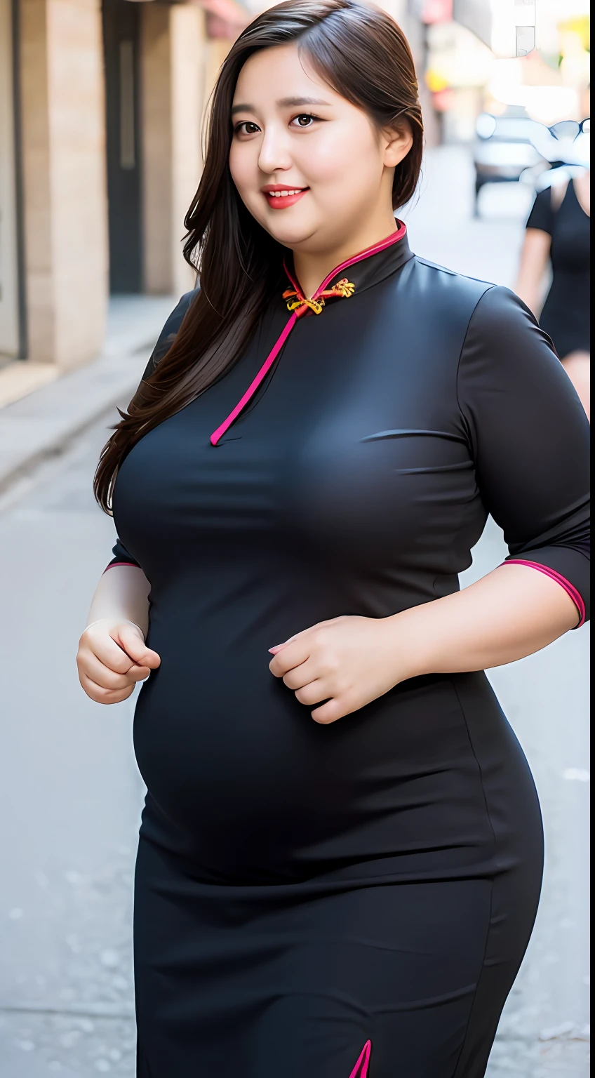 Extremely beautiful and delicate(((Obese woman))),wearing cheongsam,Obese woman,Long black ponytail hair,Exquisite and elegant,Warm pink lips,Delicate eyes,ExquisiteDetail,Not exposed,bustiness,Face life with a smile,fotorealistisch,8K HD,Realistic shooting,Soft cinematic lighting,Outdoor streets,Perfect body,(Standing posture),Not exposed