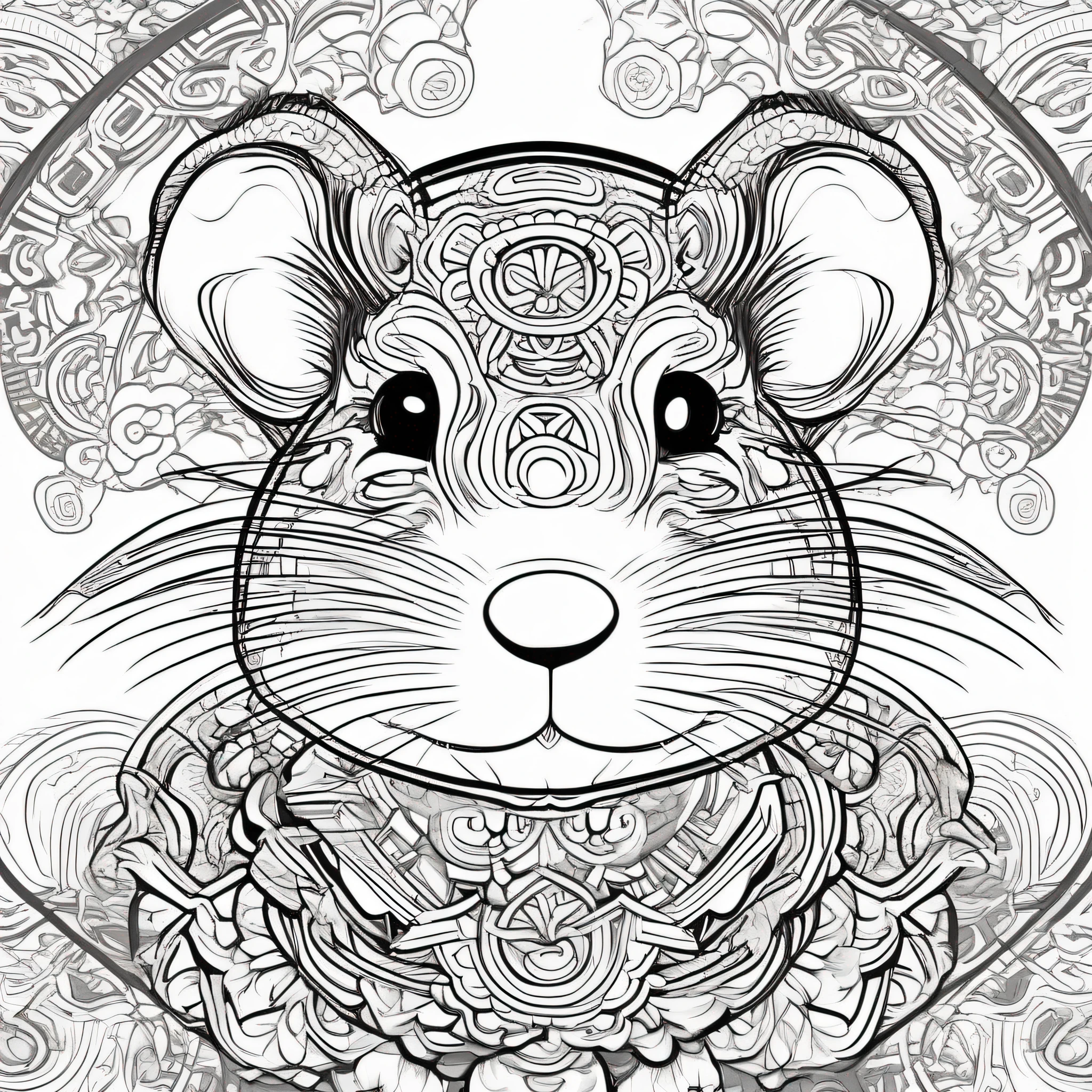 Chinese super illustration, vector drawing, Chinese Chinese rat head pattern, center, looking at the viewer, very detailed, reasonable design, Oriental elements fusion, clear lines, fluffy and smiling appearance, HD details, black and white line draft