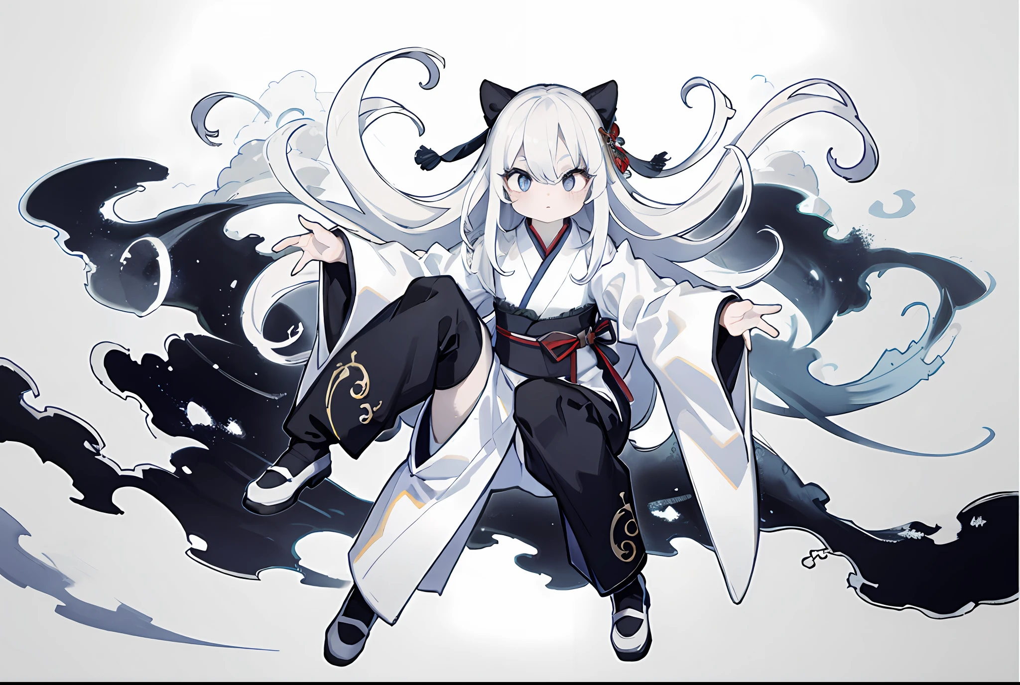 1 girl, Full body, lookin at viewer, Solo, cloud and montain, flat-colors, Ink sketch, Floating hair, Hanfu, Chinese clothes, Long sleeves