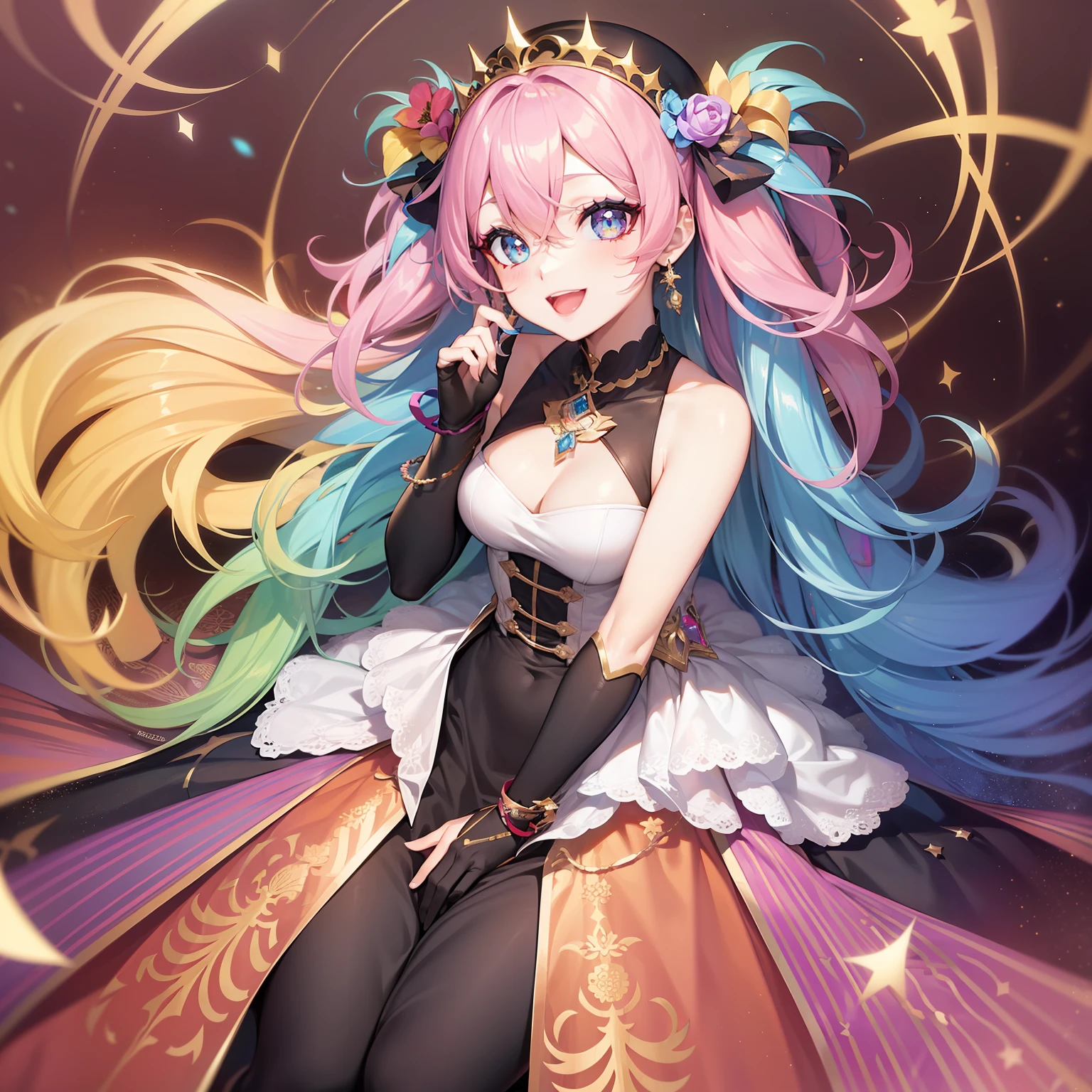 The girls1people、full full body、rainbow hair, Hair Between Eyes, tiaras、diamond-shaped pupils, Makeup, smiley, Anime style, Iridescent dresses、F/1.8, from above view, god statue、Masterpiece, Best Quality