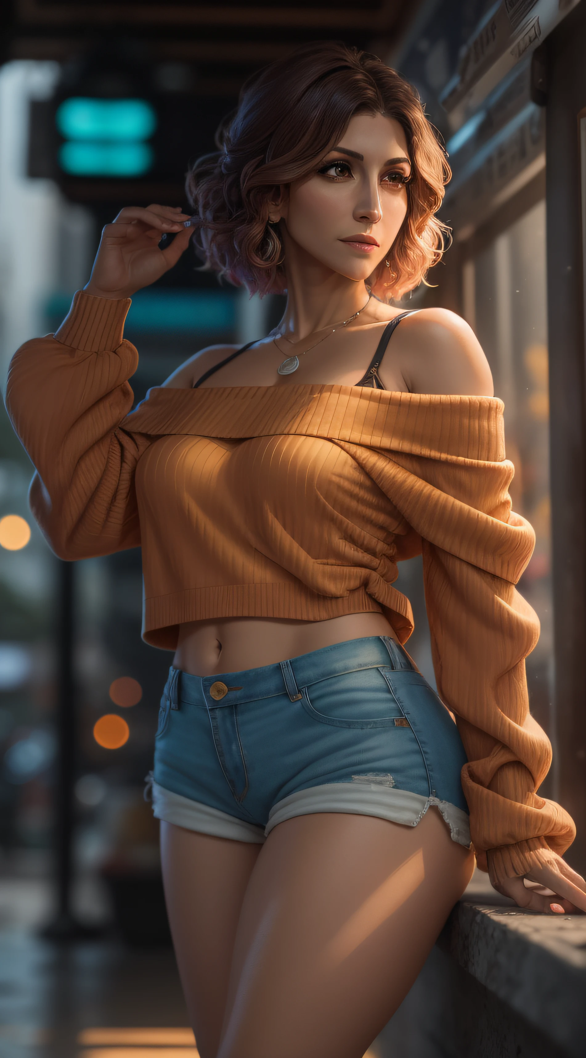 Jennifer Esposito,Peitos grandes,(Masterpiece), melhor qualidade, extremamente detalhado, (Aquarela), flor, delicado e bonito, illustation, (de baixo),(1Menina:1.4), (somente:1.2), Peitos grandes, (Ribbed sweater:1.3), off-shoulder sweater, (short shorts:1.2), ombros nus, (Peito Inferior), ((pele escura:0.8)), Olhos bonitos, (cabelos desgrenhados), fotografia, tiro por cima do ombro, Directed by: Alex Maleev, profissional, Canon Camera, Nikon Camera, Sharp, Bokeh, studio quality, lente olho de peixe, Directed by: Robert Capa, --auto