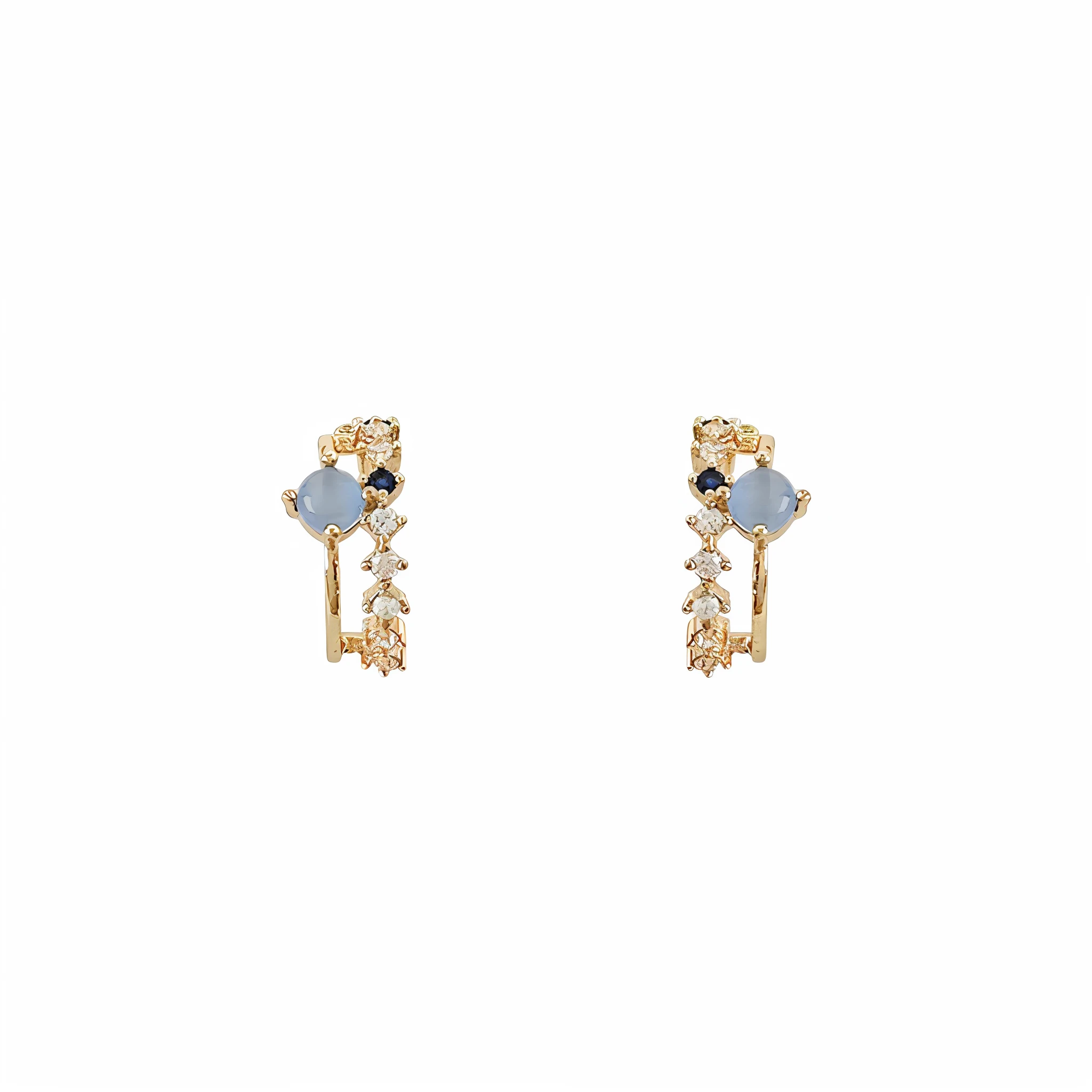 a close up of a pair of earrings with a diamond and blue stone, dream-like, 9 k, 9K, sapphire earrings, earring, wall, blue jewellery, jewelries, three quarter view, blue soft details, 1 6 k, 16k, full - length view, 10K, black gold light blue, intense fantasy, multiple views