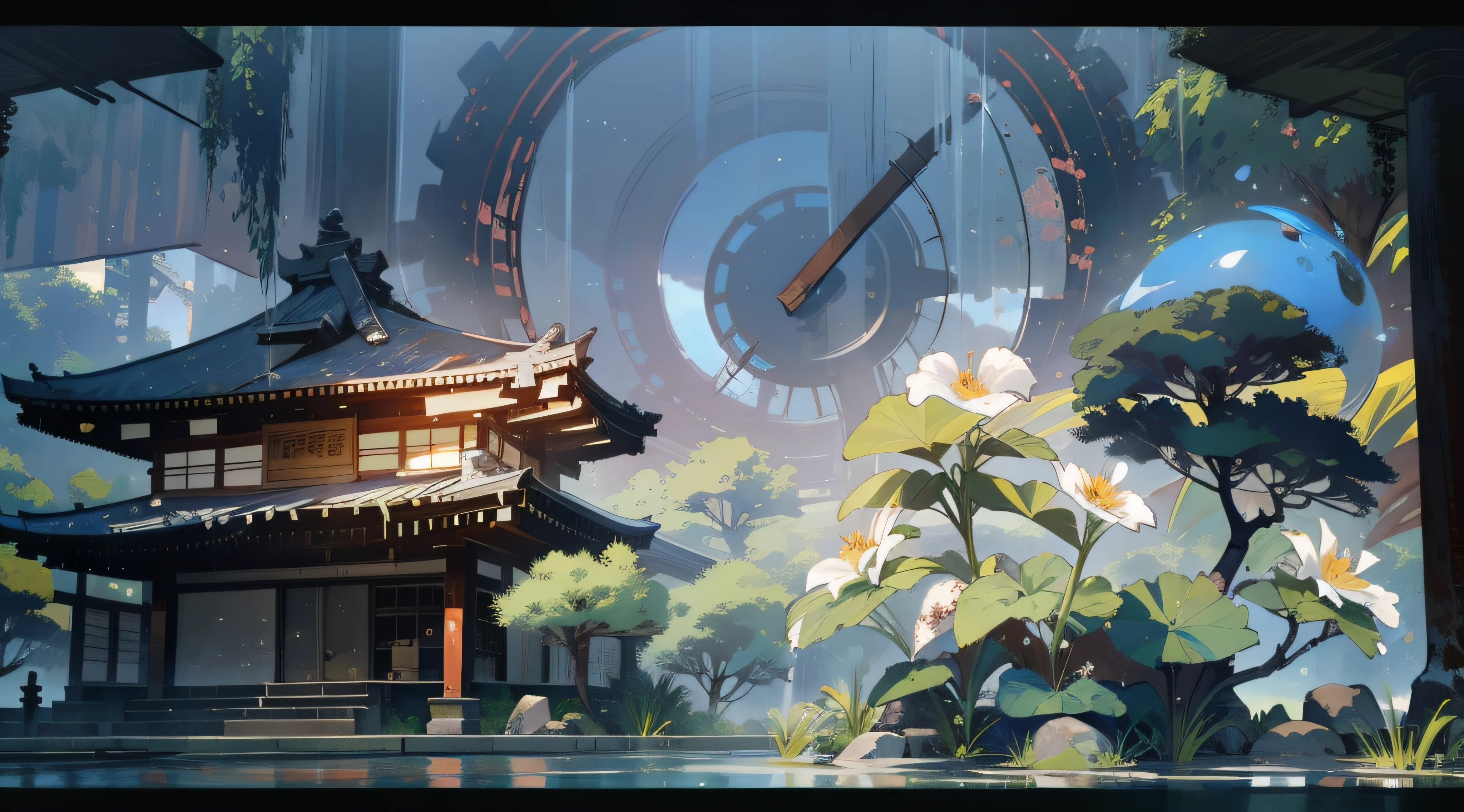 (Ancient Japanese garden design),(Cobblestone road,porch,Sliding doors,Depth,symmetrical design),(wood planks,Furniture,Bonsai,vase,massive trees,florals,Japanese-style lamps,screen,ponds,courtyard,waterwheels),abundant detail,Ancient Japanese Showa style,Quiet and elegant atmosphere,Cool tones are the keynote,Delicate and soft painting style,Cinematic lighting effects,HD picture quality,Gentle light,Tyndall effect,dreamlike,abundant detail,Refer to Gu Kaizhi,32K