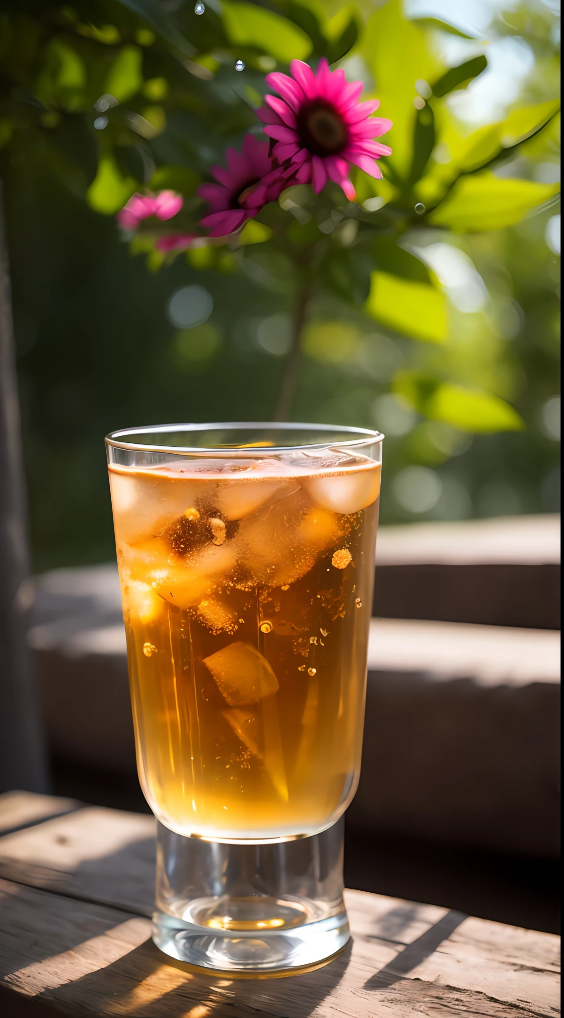 A glass with drops of water filled with carbonated drinks, translucent liquid, ice cubes, bubbles, a floral crown of daisies and lavender on picnic tablecloths, midday outdoor lighting, open air, natural background, summer day, hot weather, high detail, very humid humidity, high brightness, wet watermarks, excessive detail, surrealism, soft light, studio lighting, diffuse soft light, shallow depth of field, sharp focus, bokeke effect, light tracking, subsurface scattering, complex soft light, diffuse soft light, highly detailed glass reflection, ultra-thin (ultra-thin), ultra-thin) (thin, ultra-detailed), cinematic, surrealism, hardware, best quality, ultra-high resolution (photorealistic: 1.4), high resolution, detail, raw photography, clear reproduction, 4 kodak portra 400 stock camera, f1.6 lens, realistic texture, spectacular lighting, not a real engine, popular on artstation, cinemas up to 800,