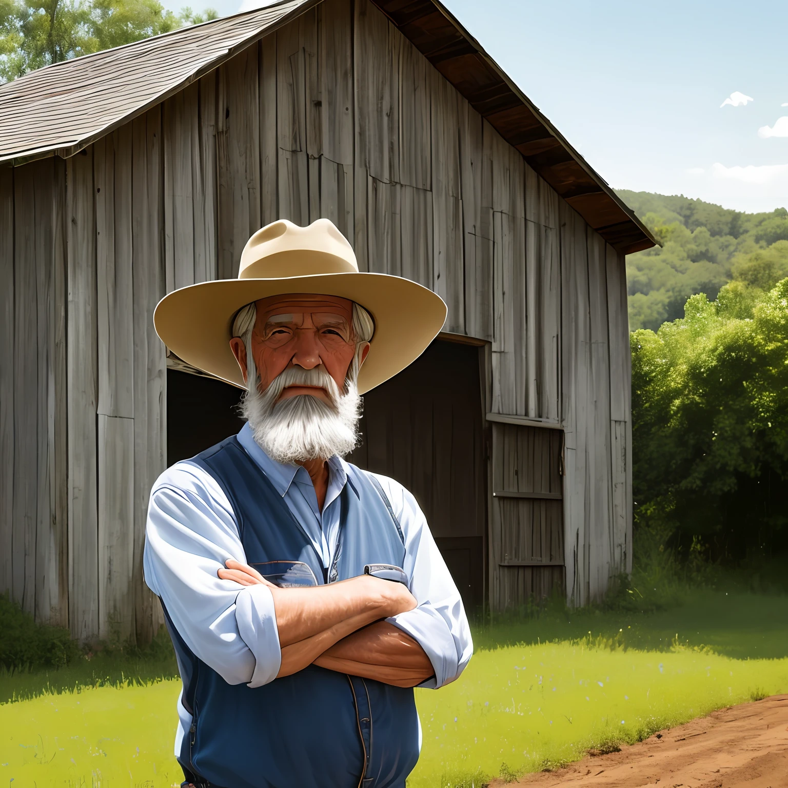 bearded elderly farmer with hat in front of an old barn --auto