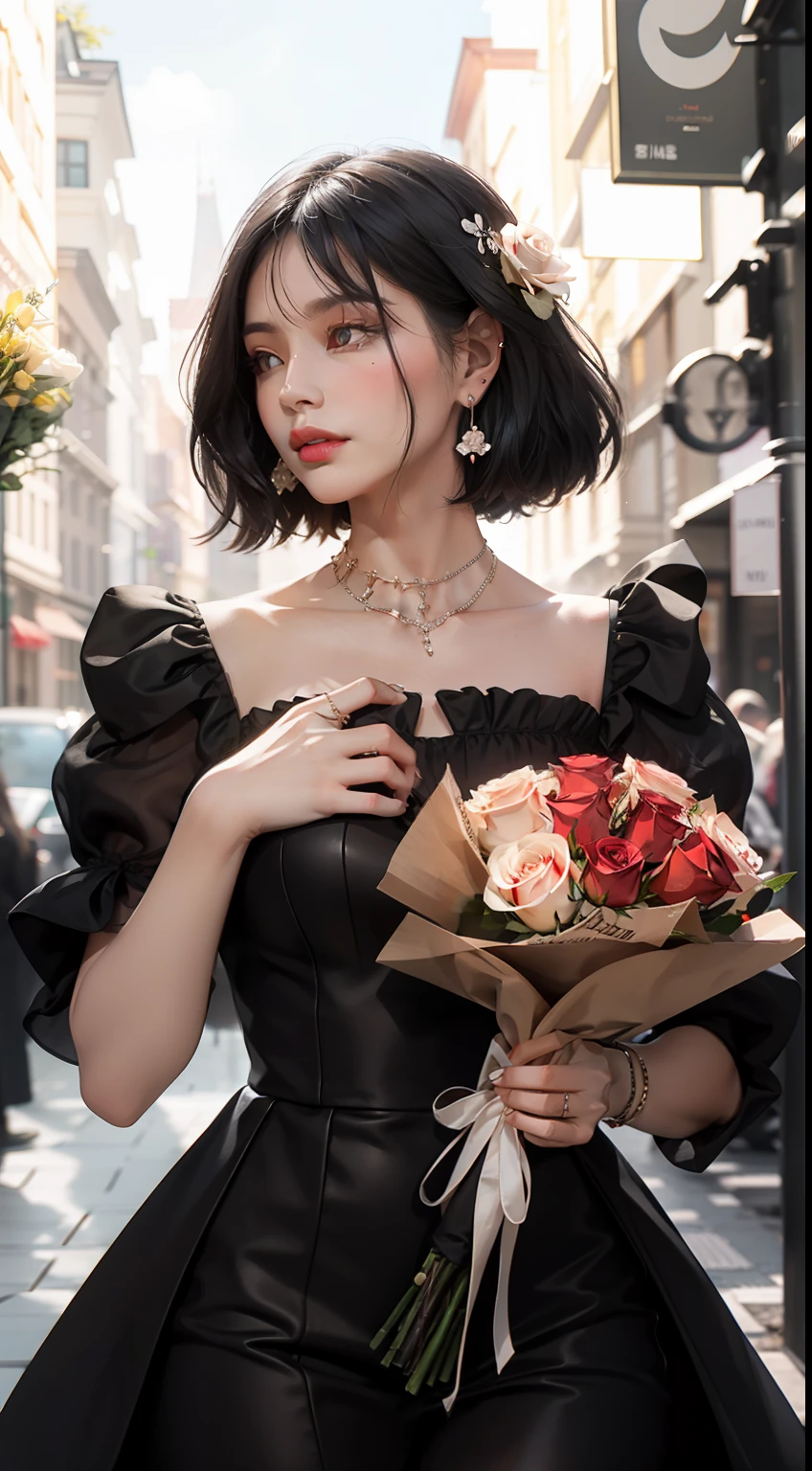 A delicate woman，black color hair，ear ring，Holding a bouquet of roses