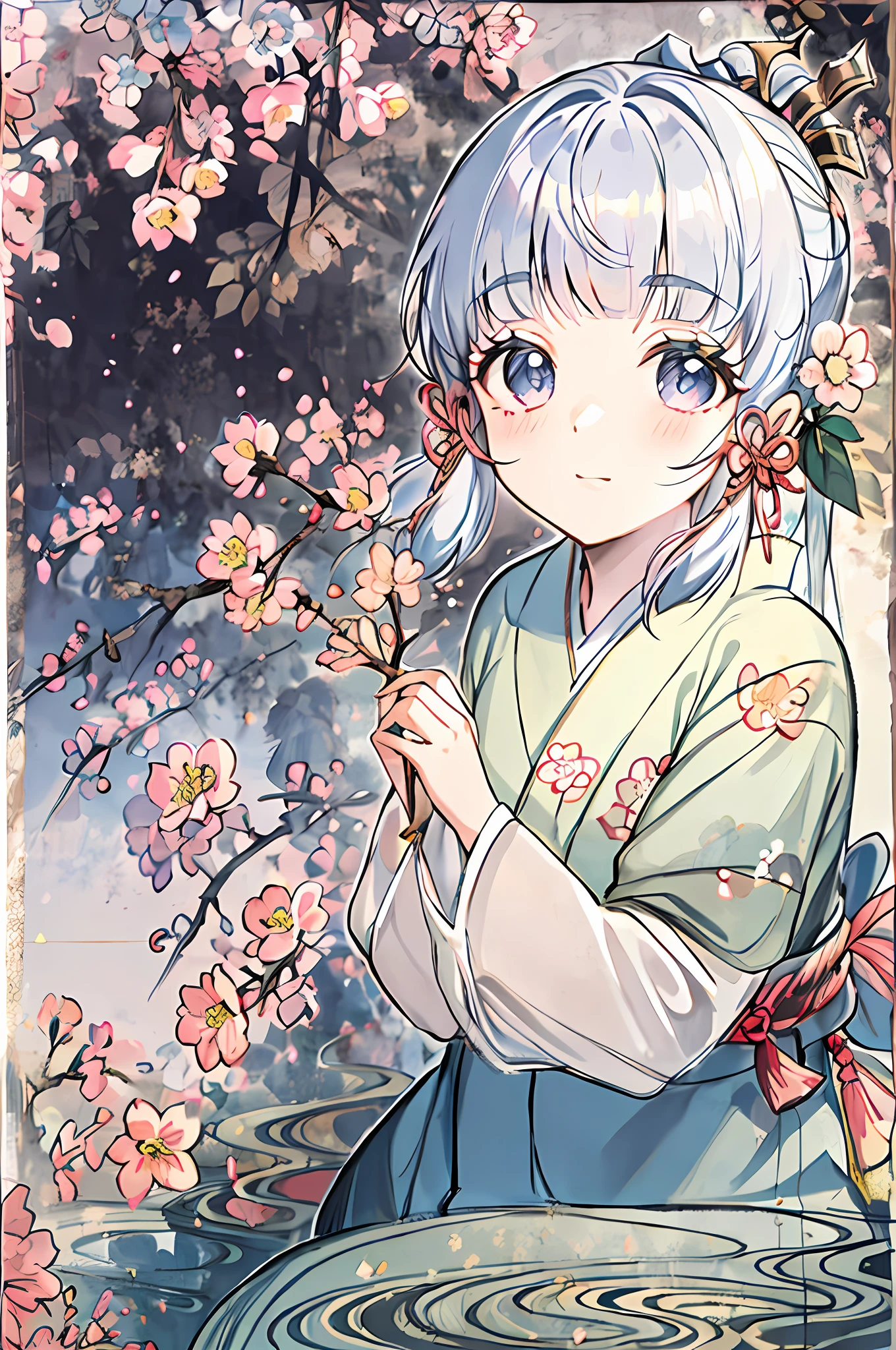 in kimono,(whitehair,Qi bangs:1.2),( face:1.1),Delicate face,(Peach blossom eyes:1.1),kamisato ayaka,(The painting style is cute:1.1),Ayaka,kamisato ayaka,From far and near