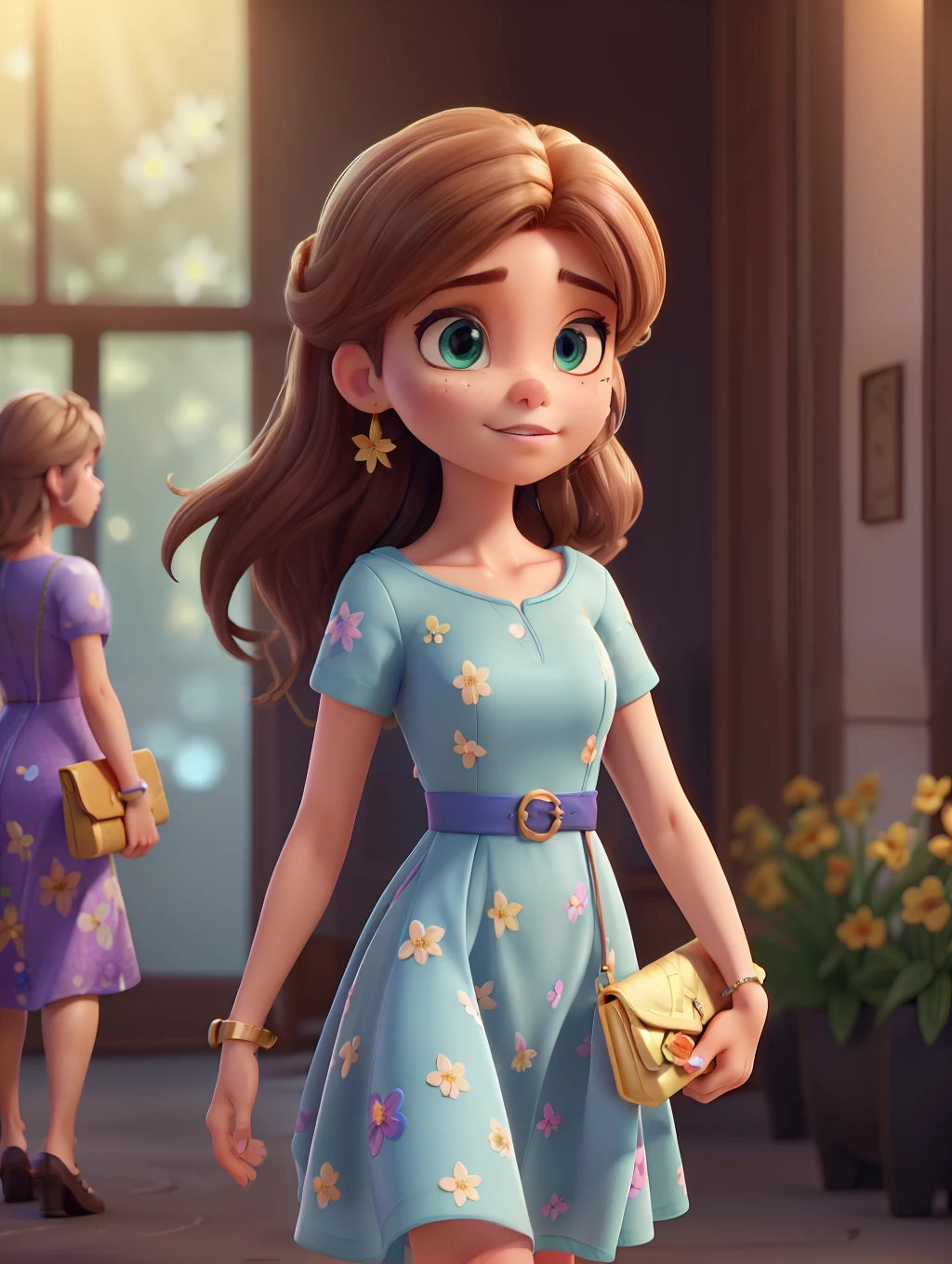 Pixar style, photo of a stunning beautiful Brazilian woman supermodel character, honey eyes, long messy windy light brown hair, flipping hair, closeup zoomed in tight crop portrait, walking down a (runaway at a fashion show scene people:1.2) wearing a (fluttering floral party dress:1.3) (expensive clutch bag on her hand:1.3) (Lighting-Gold:1.2) foreground objects background details (masterpiece:1.2) (photorealistic:1.2) (bokeh:1.2) (best quality) (color grading) (detailed skin:1.3) (intricate) (8k) (HDR) (cinematic lighting:1.3) (sharp focus), messy windy hair, cute big circular reflective eyes, Pixar render, unreal engine cinematic smooth, intricate detail