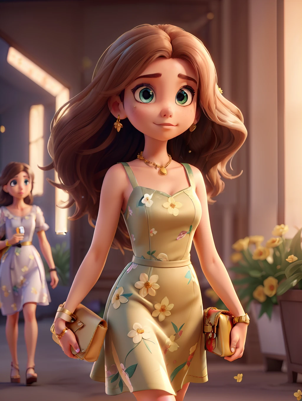 Pixar style, photo of a stunning beautiful Brazilian woman supermodel character, honey eyes, long messy windy light brown hair, flipping hair, closeup zoomed in tight crop portrait, walking down a (runaway at a fashion show scene people:1.2) wearing a (fluttering floral party dress:1.3) (expensive clutch bag on her hand:1.3) (Lighting-Gold:1.2) foreground objects background details (masterpiece:1.2) (photorealistic:1.2) (bokeh:1.2) (best quality) (color grading) (detailed skin:1.3) (intricate) (8k) (HDR) (cinematic lighting:1.3) (sharp focus), messy windy hair, cute big circular reflective eyes, Pixar render, unreal engine cinematic smooth, intricate detail