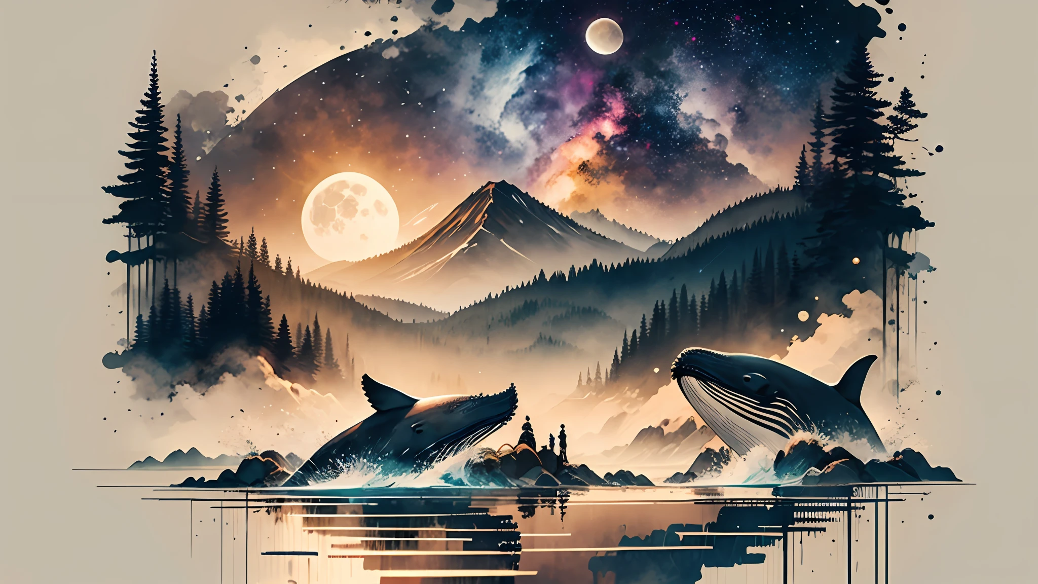 meditating, humpback, moon, whales flying, earth view, stars, nebulae, hyperrealistic, many details