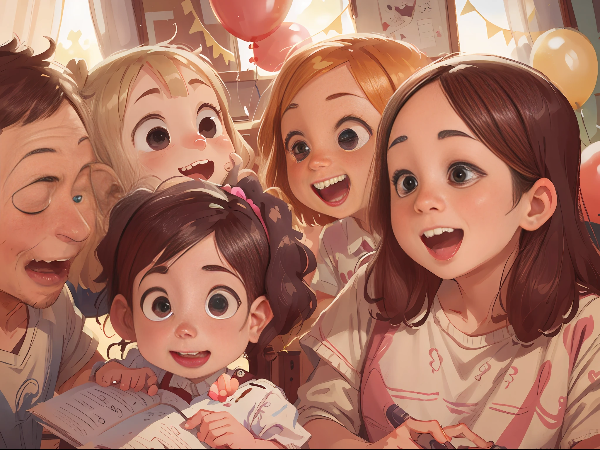 Two children, two adults, fine facial features, gourmet restaurant, lots of balloons, happy, happy, perfect quality, clear focus (clutter - home: 0.8), (masterpiece: 1.2) (Realistic: 1.2) (Bokeh) (Best quality) (Detailed skin: 1.3) (Intricate details) (8K) (Detail eyes) (Sharp focus), (Happy)