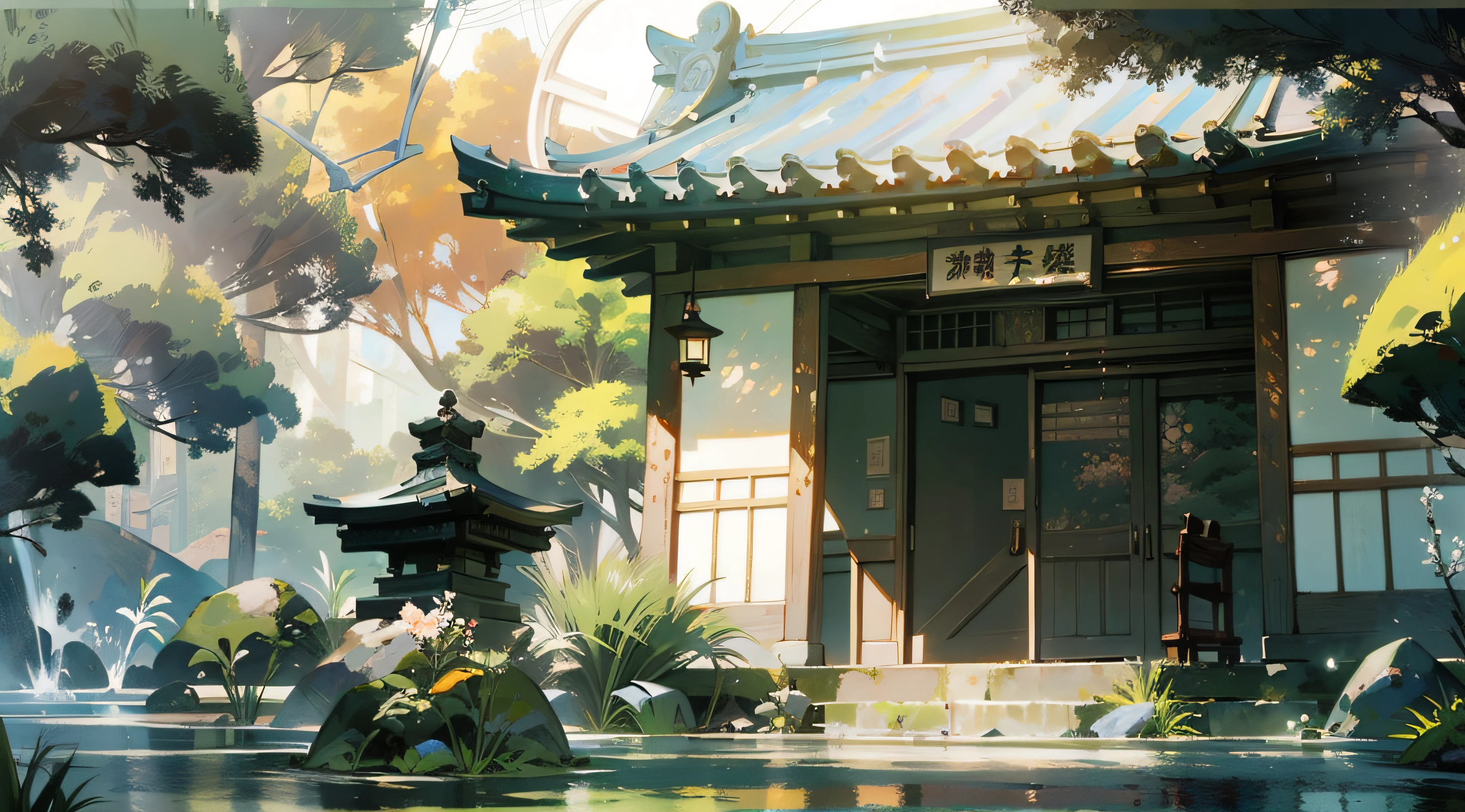 (Ancient Japanese garden design),(Cobblestone road,porch,Sliding doors,Depth,symmetrical design),(wood planks,Furniture,Bonsai,vase,massive trees,florals,Japanese-style lamps,screen,ponds,courtyard,waterwheels),abundant detail,Ancient Japanese Showa style,Quiet and elegant atmosphere,Cool tones are the keynote,Delicate and soft painting style,Cinematic lighting effects,HD picture quality,Gentle light,Tyndall effect,dreamlike,abundant detail,Refer to Gu Kaizhi,32K