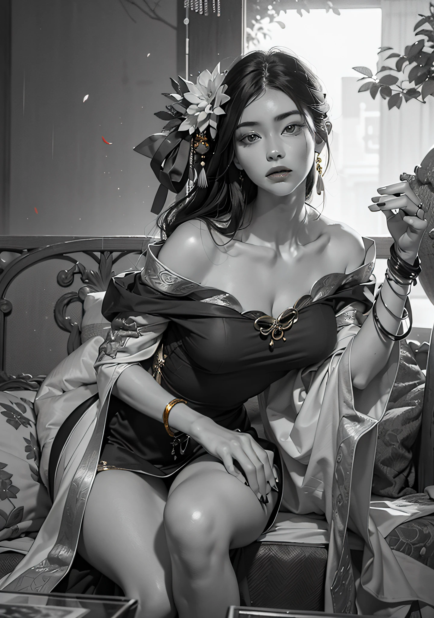 Need,杰作,high - resolution,(Delicate figure:1.5),Absolutely beautiful,(Perfect Skin:1.3),ExquisiteDetail,high - resolution,1female,独奏,puled up dress,hair ornament,(((Golden and red dress)) ), blooms, long way hair, trinkets, long sleeves, raised hand, Wide sleeves, Big eyes, Fluttering, Hanfu, Hanfu, embroidery, Chang robe, Natural posture, Falling petals, inside room, Fanning,lanterns,16K,HDR,high - resolution,deep of field,(filmgrain:1.1),Bocoon,Primetime,(lense flare),Vignette,rainbowing,(Color:1.5)