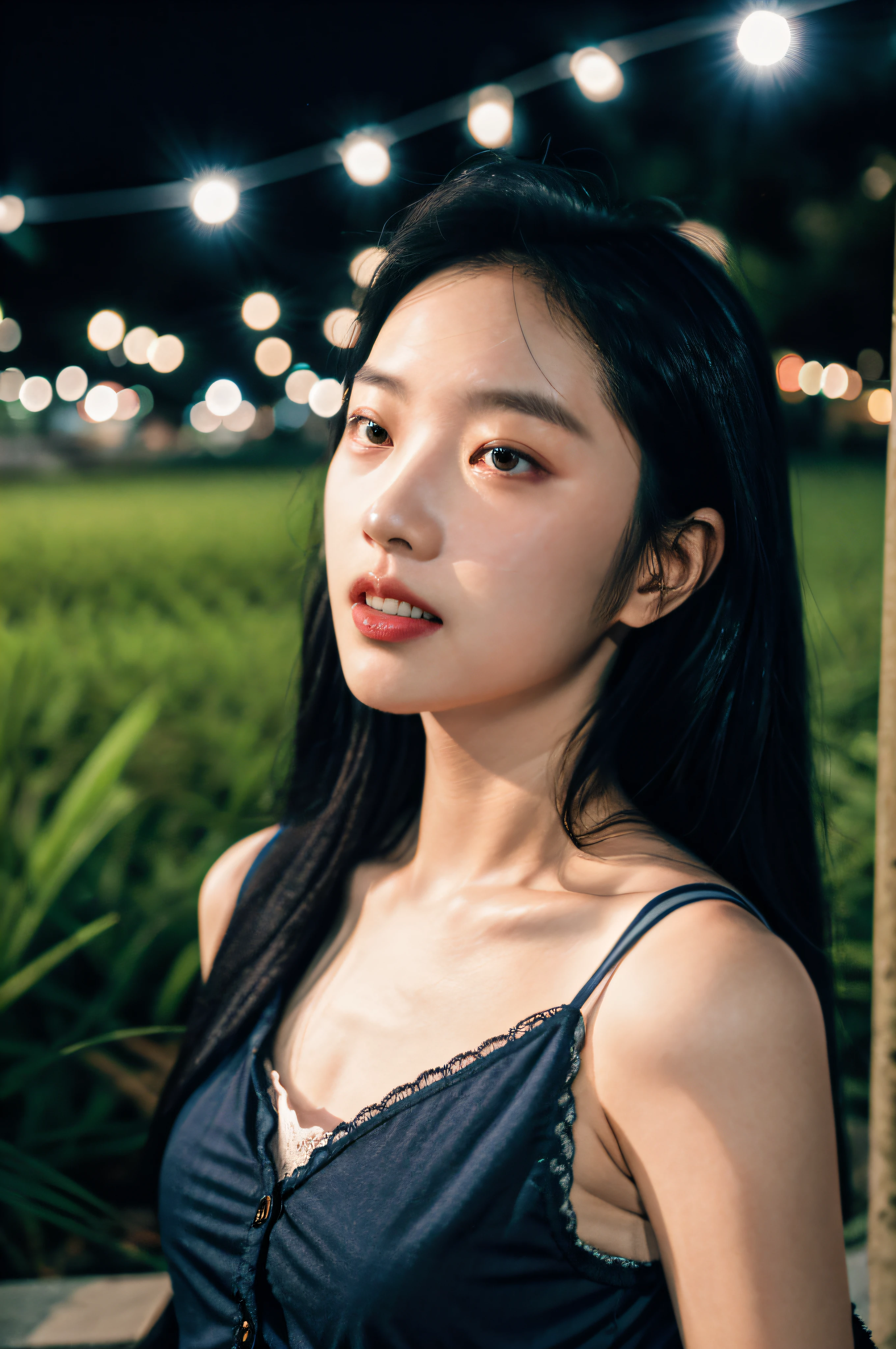 1girls,idols,mannequin,deep of field,Photo showing,filmes,Side face,Ruffle your hair,Look in the other direction,Skinny,Haha,fcollarbone,teeth,long way hair,Lazy,filmes,Dark blue camisole vest,selfee,Night,Boyfriend perspective