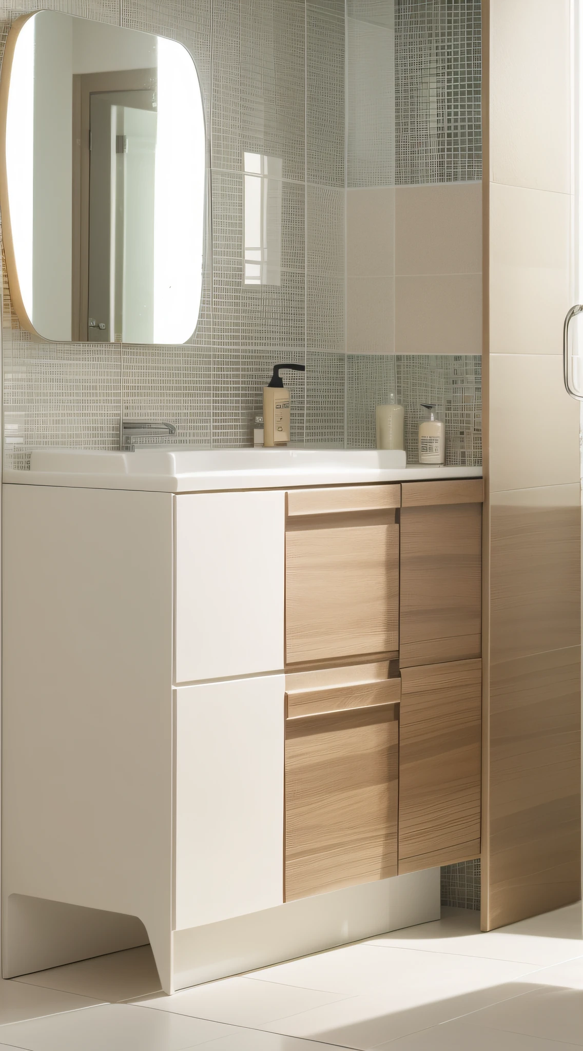 Cream style bathroom scene, modern furniture, storage cabinet, tile background, close-up of washstand, minimalist floor, close-up view, minimalist background, bright natural light, bright and intense, bright picture