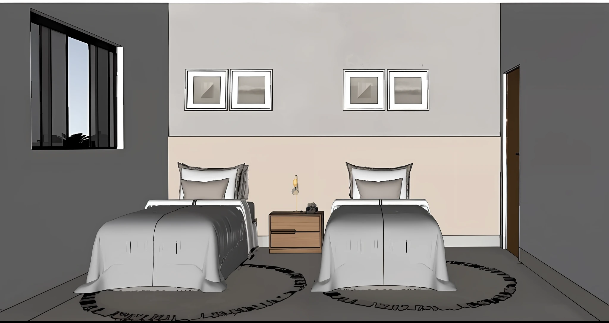 a rendering of a bedroom with two beds and a nightstand, bed on the right, in style of 3d render, imagem renderizada, dentro de um quarto, quarto de cama, Rendering, desenhado digitalmente, fundo do quarto, em estilo de realismo simplificado, digital render, photographic render, Detailed rendering, Quarto pequeno, 3 d renders, desenhado com photoshop, imagem desenhada, quarto, janela vidro, tapete tecido, luz de teto, luz entrando janela