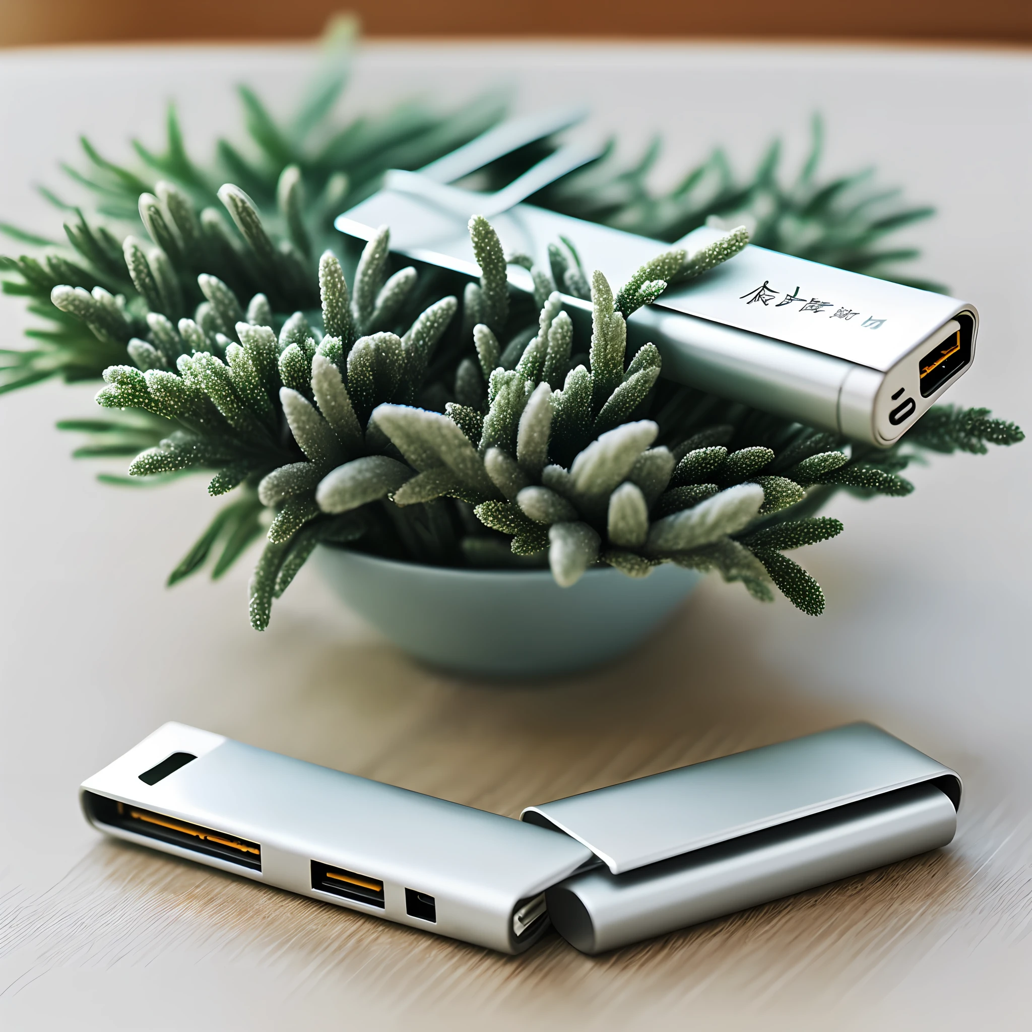 There is a metal USB stick on the table，Give it a close-up，The table top is slightly decorated with greenery。Bright style