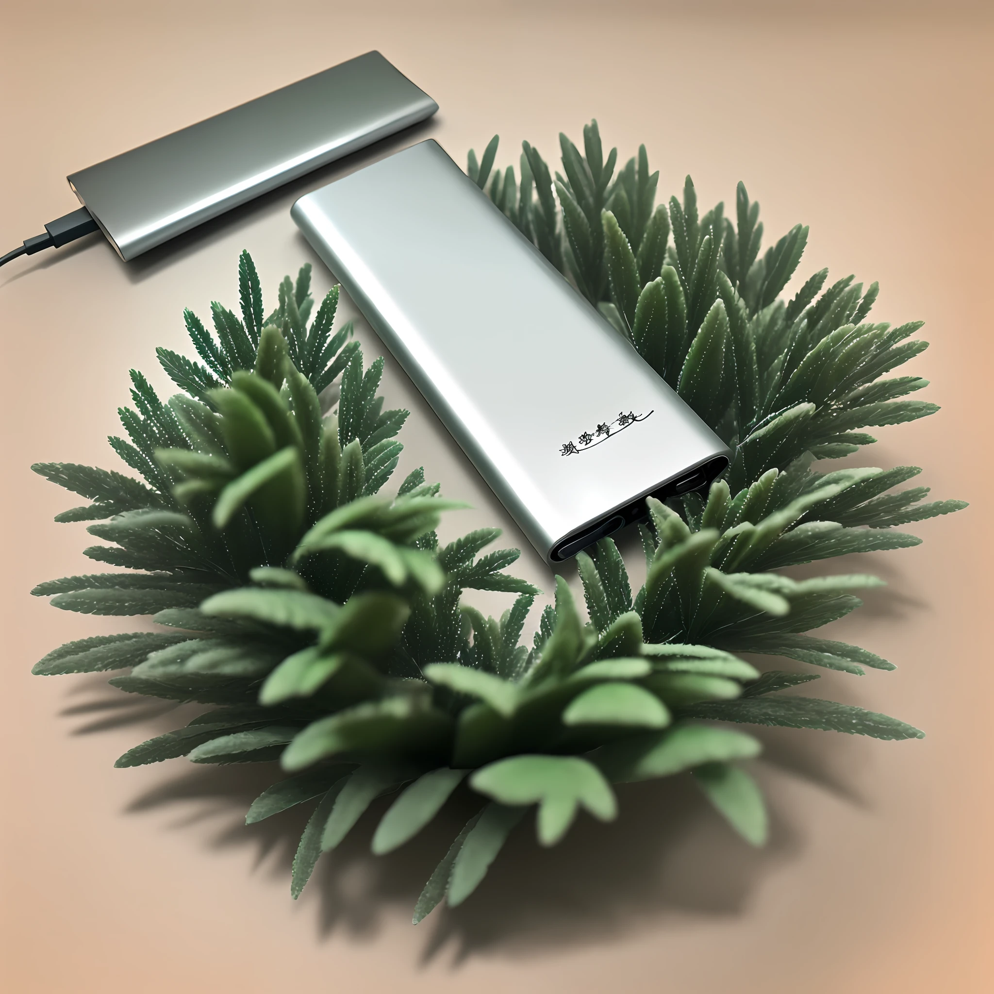 There is a metal USB stick on the table,Give it a close-up,The table top is slightly decorated with greenery。Bright style