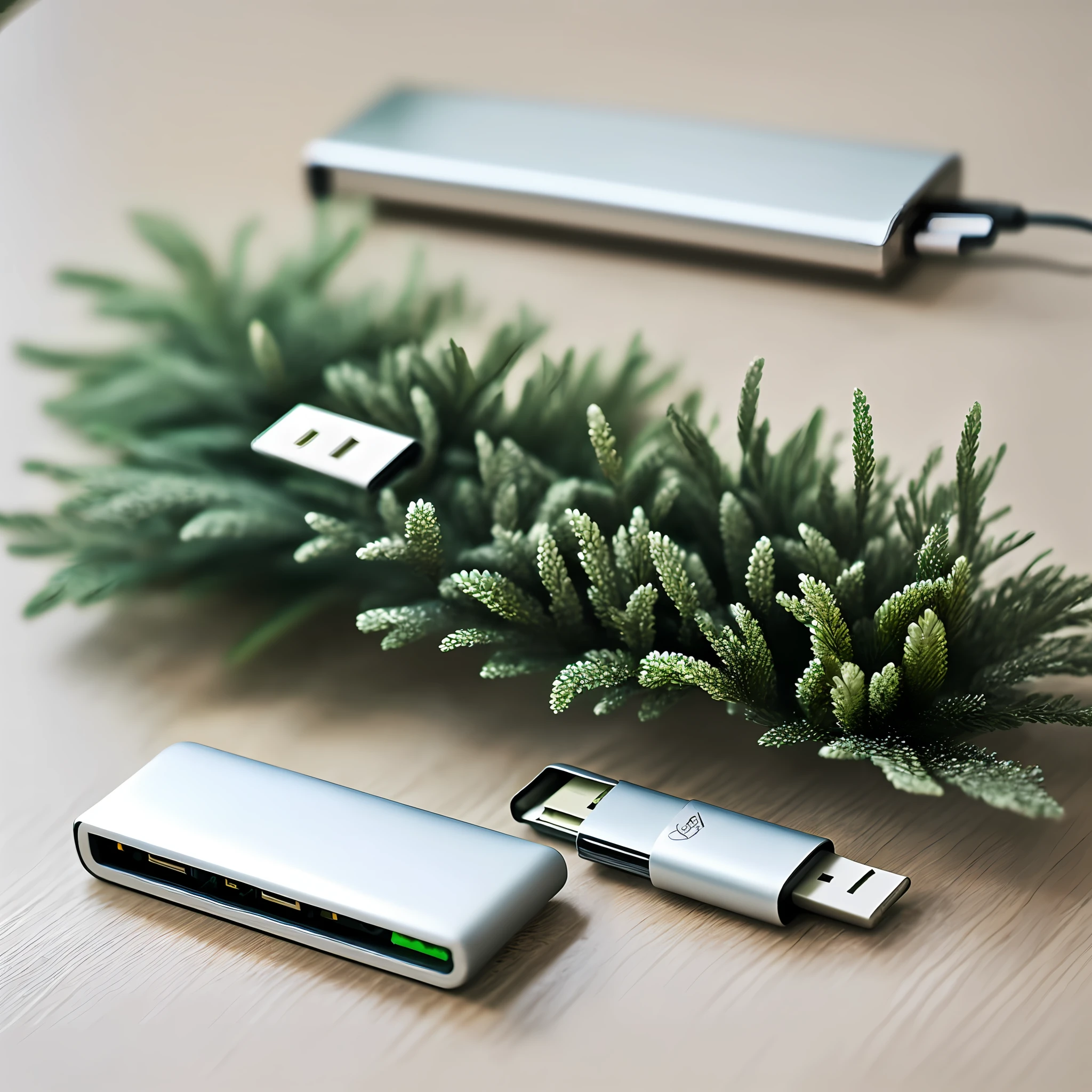 There is a metal USB stick on the table,Give it a close-up,The table top is slightly decorated with greenery。Bright style