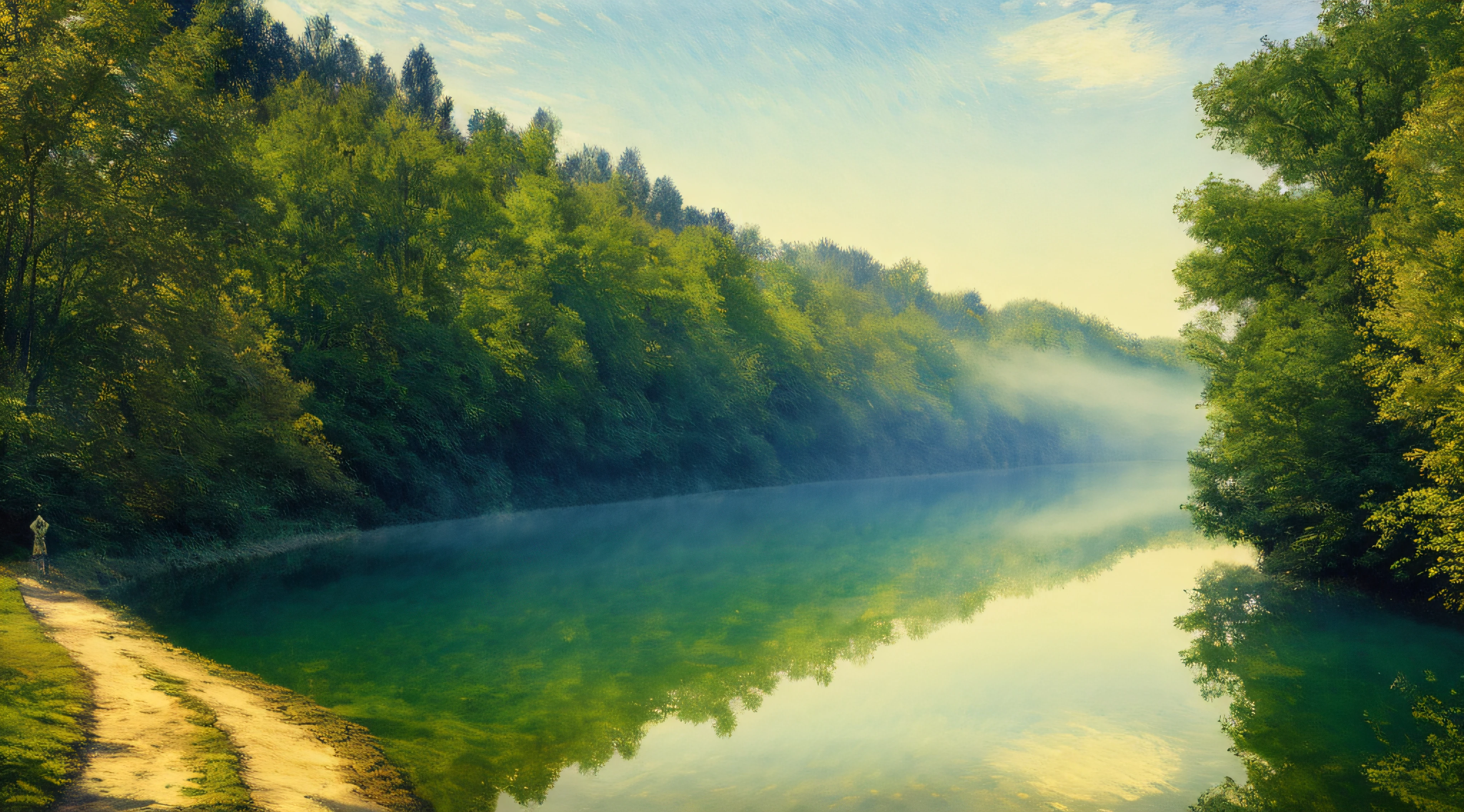 "analog style,ChromaV5,nvinkpunk,Very detailed CG unified 8k wallpaper,Show the majestic river,Trees on both sides,cascade,dense fog,Creative style: Monet、Pissarro and Sisley,Provides excellent chromatic aberration、HDR and Bloom effects,Reflect trends on ArtStation and CGSociety,The art of delicately depicting Midjourney。"
