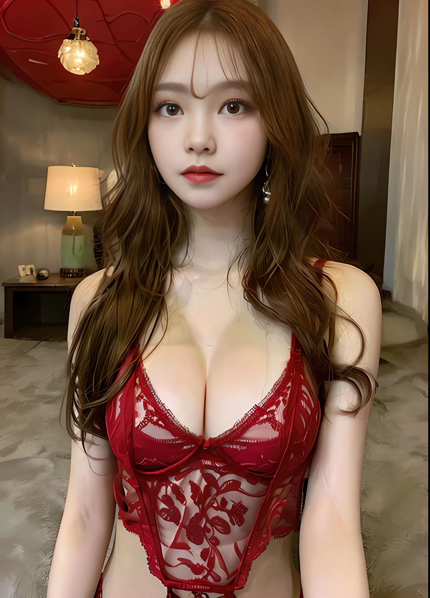 ((Top Quality, 16k, Masterpiece: 1.3)), Sharp Focus: 1.2, Beautiful Women with Perfect Figure: 1.4, Slender Abs: 1.2, (((Long Wavy Hair)), ((Small: 1.4)),((big breast))(big cuvy hips), (narrow waist ), ((Kpop Idol: 1.3)), ((Red Babydoll Lingerie 1.5)), (love hotel), Highly Detailed Face and Skin Texture, Detailed Eyes, Double Eyelids, (((Pause)), (enchanting)), standing