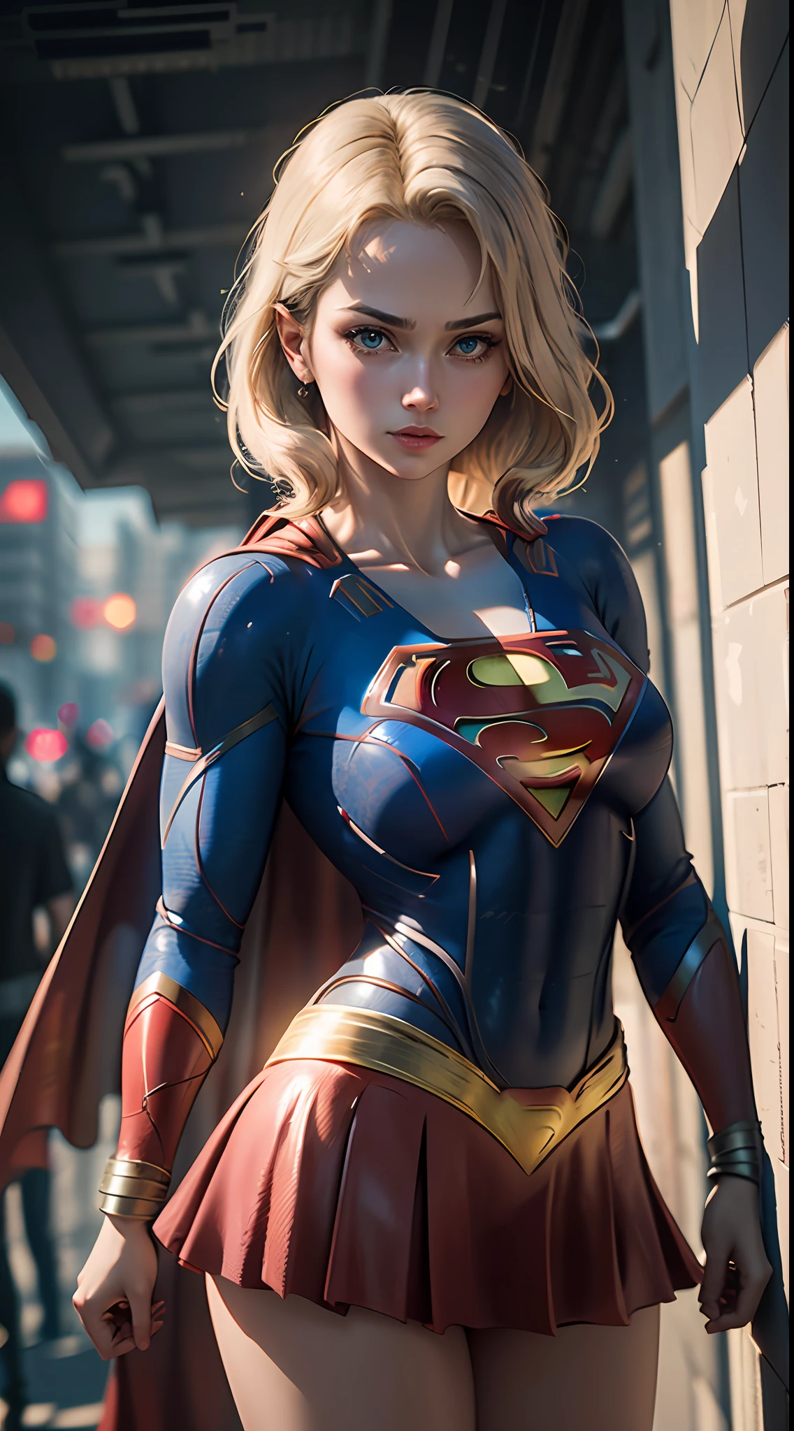 ((Best Supergirl Quality)), ((masterpiece)), (detailed: 1.4), 3D, an image of a beautiful blonde woman with cyberpunk blue eyes,HDR (High Dynamic Range),Ray Tracing,NVIDIA RTX,Super-Resolution,Unreal 5,Subsurface Dispersion, PBR Texture, Post-processing, Anisotropic filtering, Depth of field, Maximum clarity and sharpness, Multilayer textures, Albedo and specular maps, Surface shading, Accurate simulation of light-material interaction,  Perfect Proportions, Octane Render, Two-Tone Lighting,Wide Aperture,Low ISO,White Balance,Rule of Thirds,8K RAW, Using Superman S symbol on Chest. Cyberpunk.