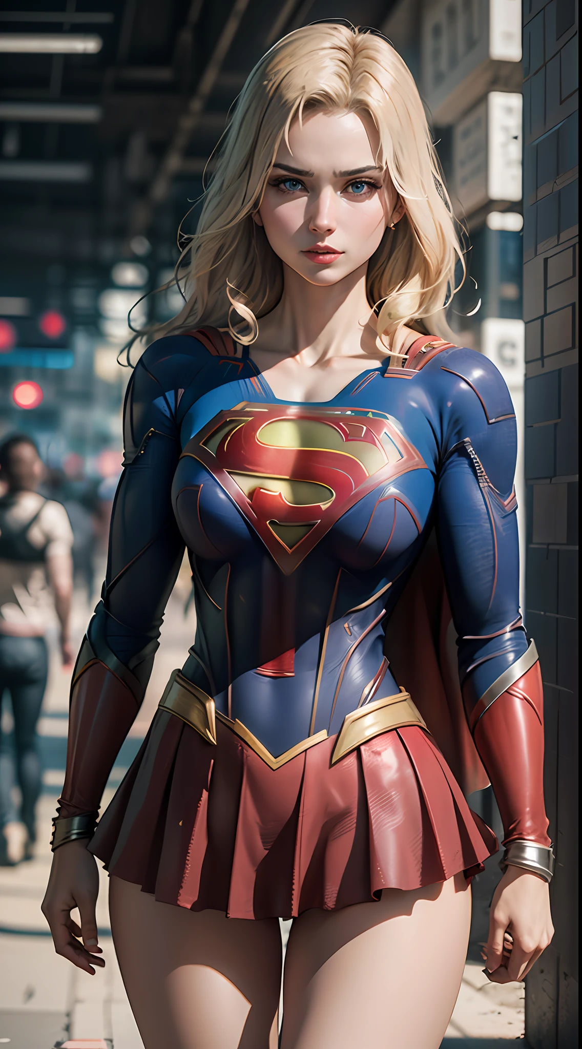 ((Best Supergirl Quality)), ((masterpiece)), (detailed: 1.4), 3D, an image of a beautiful blonde woman with cyberpunk blue eyes,HDR (High Dynamic Range),Ray Tracing,NVIDIA RTX,Super-Resolution,Unreal 5,Subsurface Dispersion, PBR Texture, Post-processing, Anisotropic filtering, Depth of field, Maximum clarity and sharpness, Multilayer textures, Albedo and specular maps, Surface shading, Accurate simulation of light-material interaction, Perfect Proportions, Octane Render, Two-Tone Lighting,Wide Aperture,Low ISO,White Balance,Rule of Thirds,8K RAW, Using Superman S symbol on Chest. Cyberpunk.