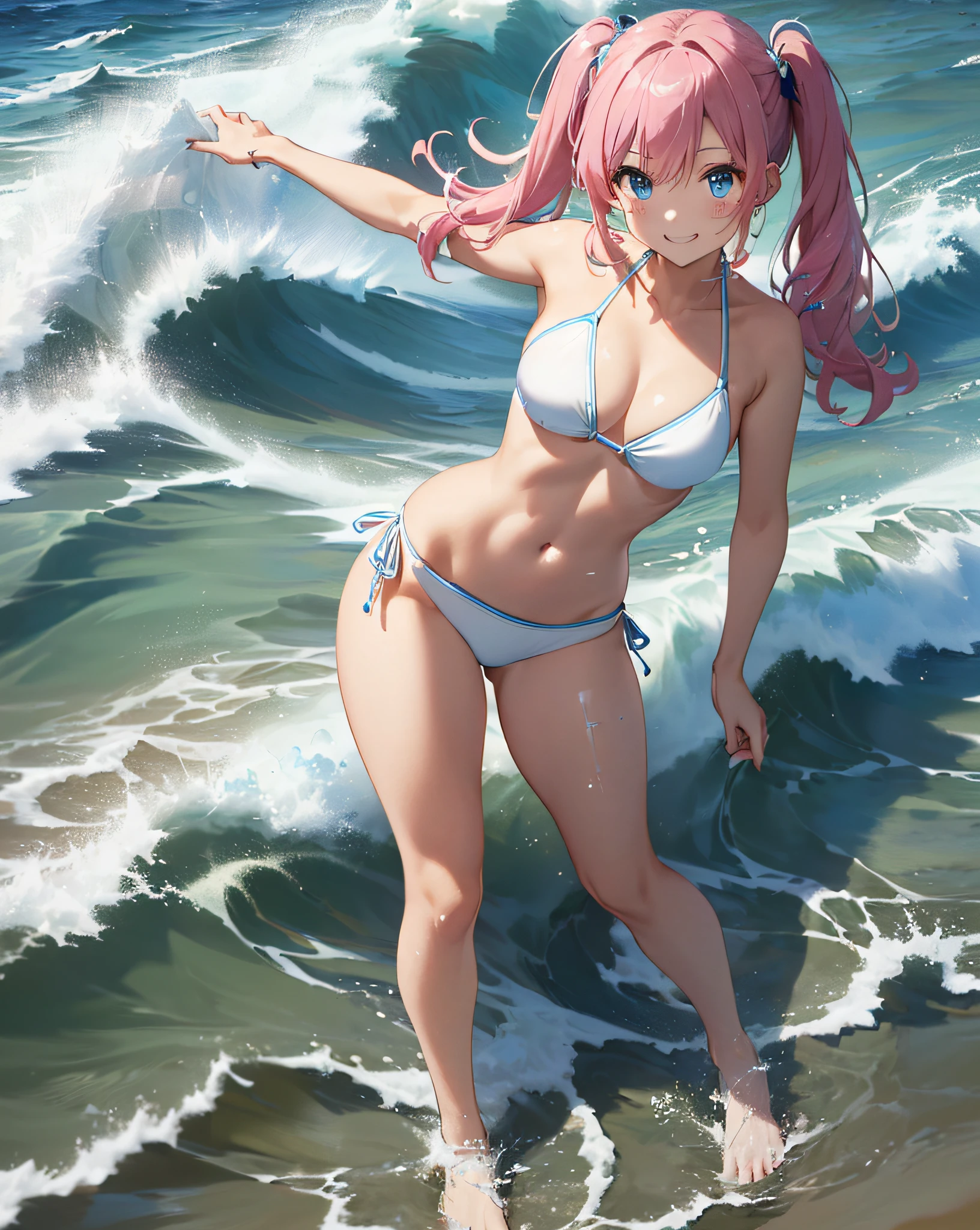 ((The Masterpiece))、((best qualiy)、(Super Detail)、8k、Delicate depictions are filmed in anime style。
(extremely long hair、Pink hair and bright blue eyes、)(twintails)Her blue eyes are highlighted。
The overall tone is brighter、she is smiling。
((She wears a white bikini and wears a paleo。))、((Summer coast))、((It glitters with the spray of the waves and is fantastic.))、sand beach、((full - body))、Tilt your hips and pose glossily、Turned