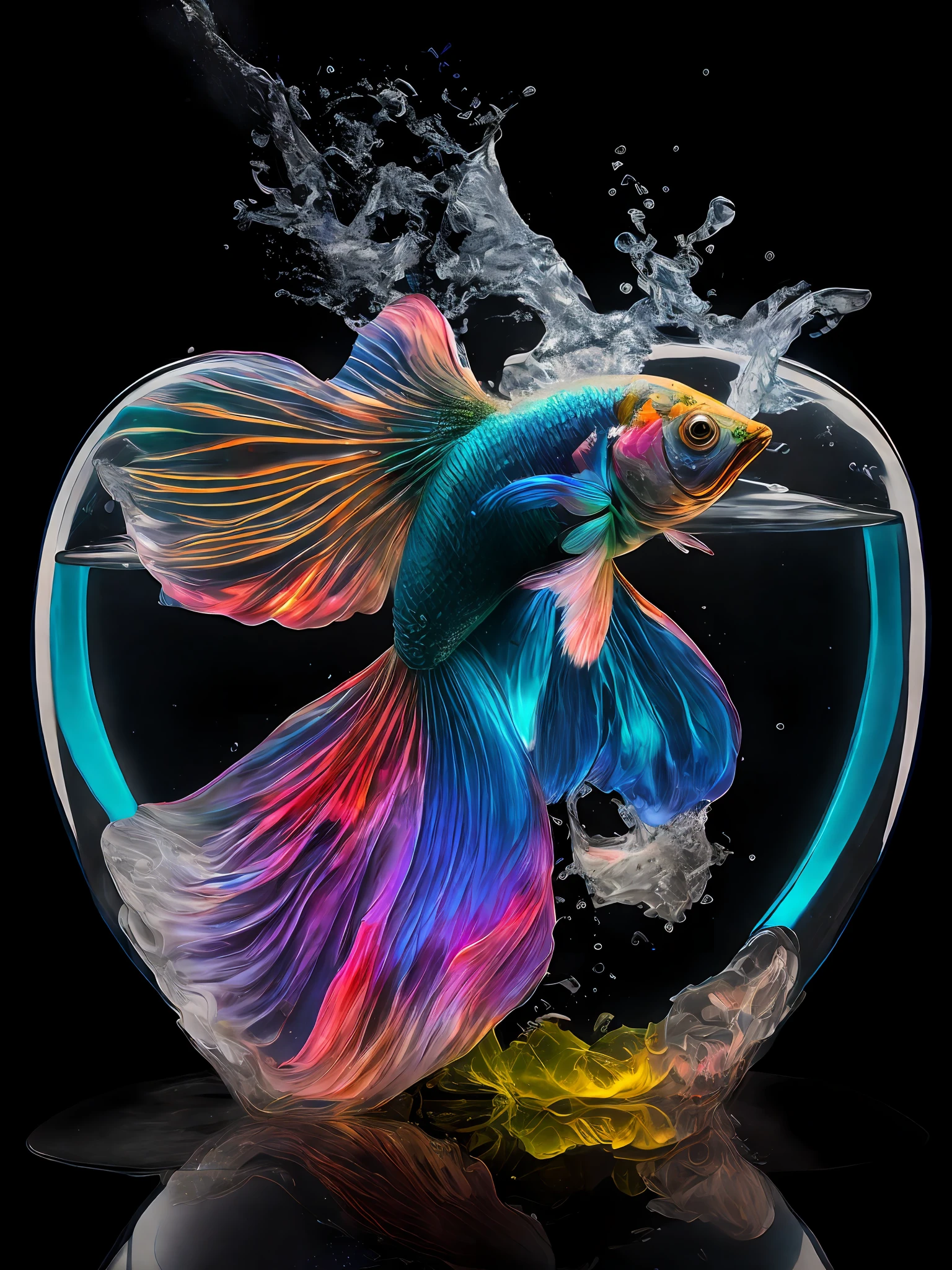 Transparent crystal Betta splendens splash out from a love shape transparent water tank, photography realistic, high speed, 5000k resolution, colorful
