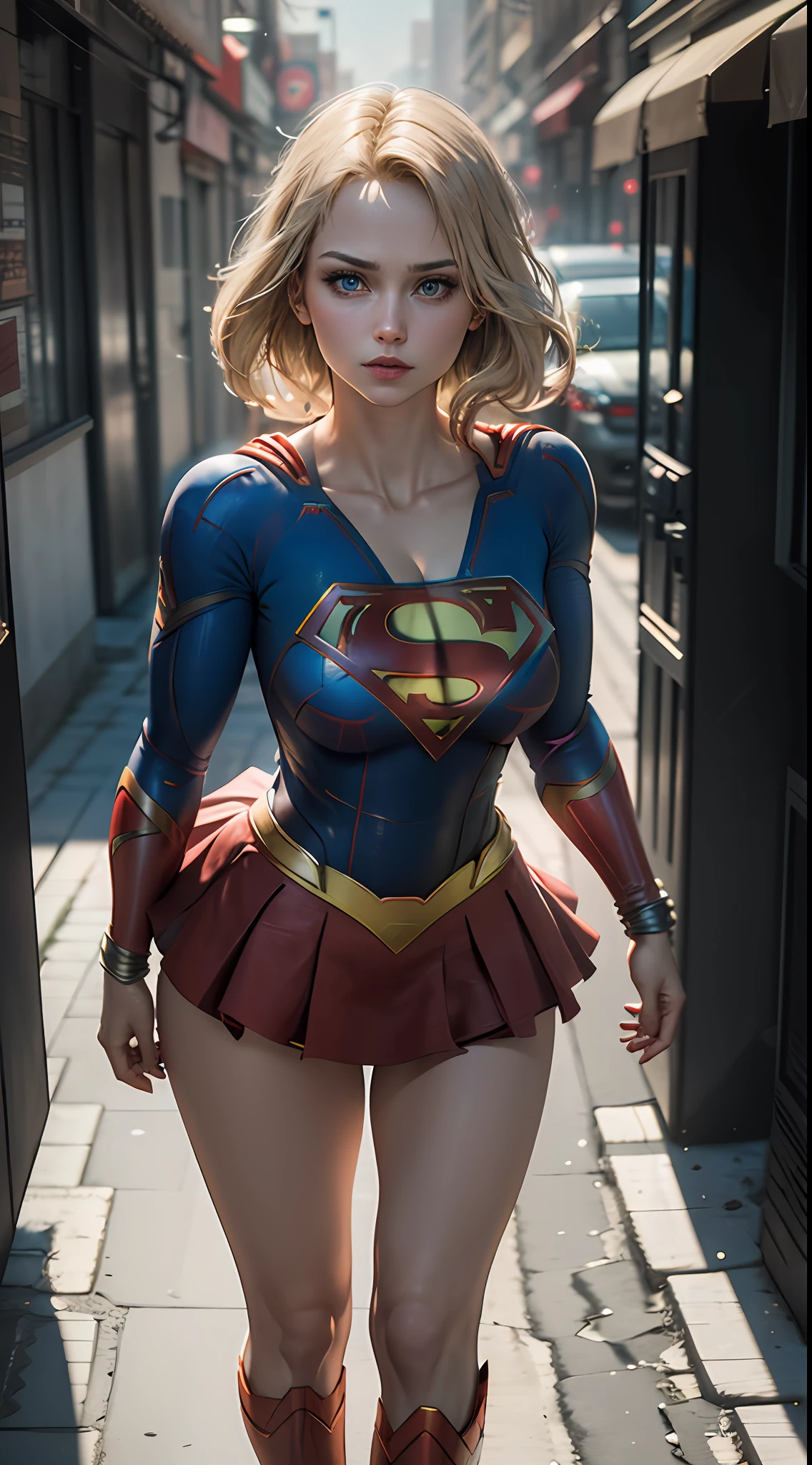 ((Best Supergirl Quality)), ((masterpiece)), (detailed: 1.4), 3D, an image of a beautiful blonde woman with cyberpunk blue eyes,HDR (High Dynamic Range),Ray Tracing,NVIDIA RTX,Super-Resolution,Unreal 5,Subsurface Dispersion, PBR Texture, Post-processing, Anisotropic filtering, Depth of field, Maximum clarity and sharpness, Multilayer textures, Albedo and specular maps, Surface shading, Accurate simulation of light-material interaction, Perfect Proportions, Octane Render, Two-Tone Lighting,Wide Aperture,Low ISO,White Balance,Rule of Thirds,8K RAW, Using Superman S symbol on Chest. Cyberpunk.