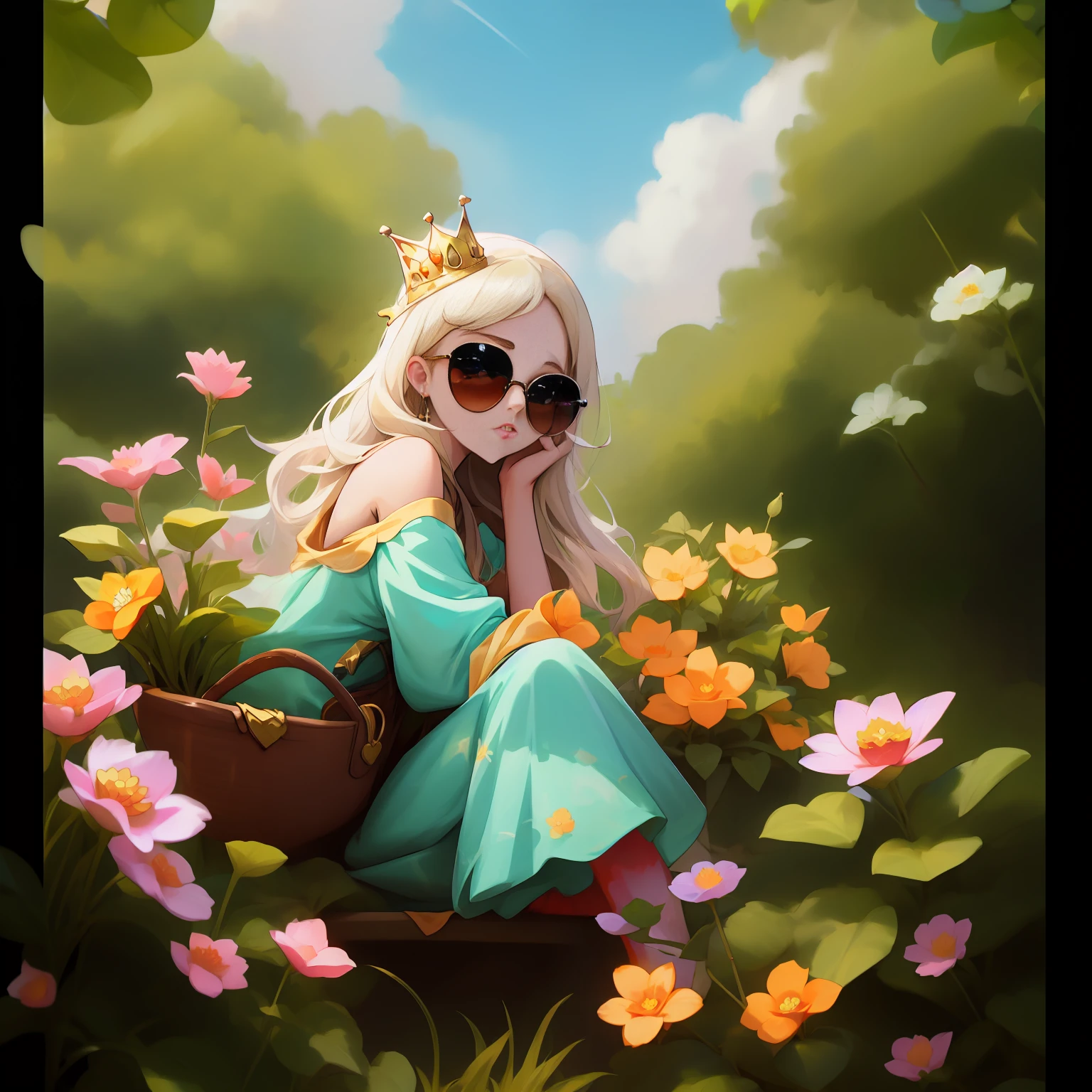 anime girl with long blonde hair and sunglasses in a garden, Obras de arte al estilo de Guweiz, Lindo arte digital detallado, Tendencias en CGVatstation, Loish y Wlop, Chica con un traje de flores, 🌺 CGSociety, Princesa del Loto Dorado, Diosa del verano, Fantasy art style, La diosa del verano, WLOP RossDraws, Chica de la corona floral de loto, obra maestra, rostro perfecto, ojos perfectos, piel suave y detallada