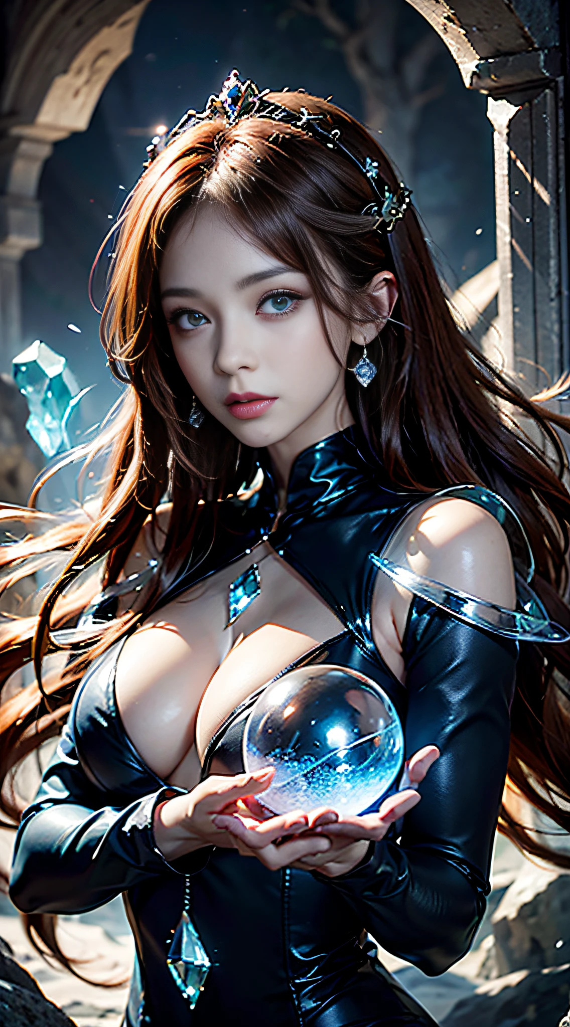 (absurdres, highres, ultra detailed), 1woman, mature female, aged up, wavy long hair, auburn hair, coral eyes, bangs, long sleeves, finely detailed eyes and detailed face, extremely detailed CG unity 8k wallpaper, intricate details, (style-swirlmagic:1.0), looking at viewer, solo, upper body, detailed background, close up, detailed face, (gothic dark ages theme:1.1), crystal sorcerer, dynamic pose, earth themed clothes, crystal crown, floating in the air, glowing magical shards, surrounded by blue magical crystals, rock formations, stalactites, magical floating particles, crystal glass, crystal sphere, crystal canyon background, (shallow water:0.7), epic ethereal atmosphere, updraft,, portrait