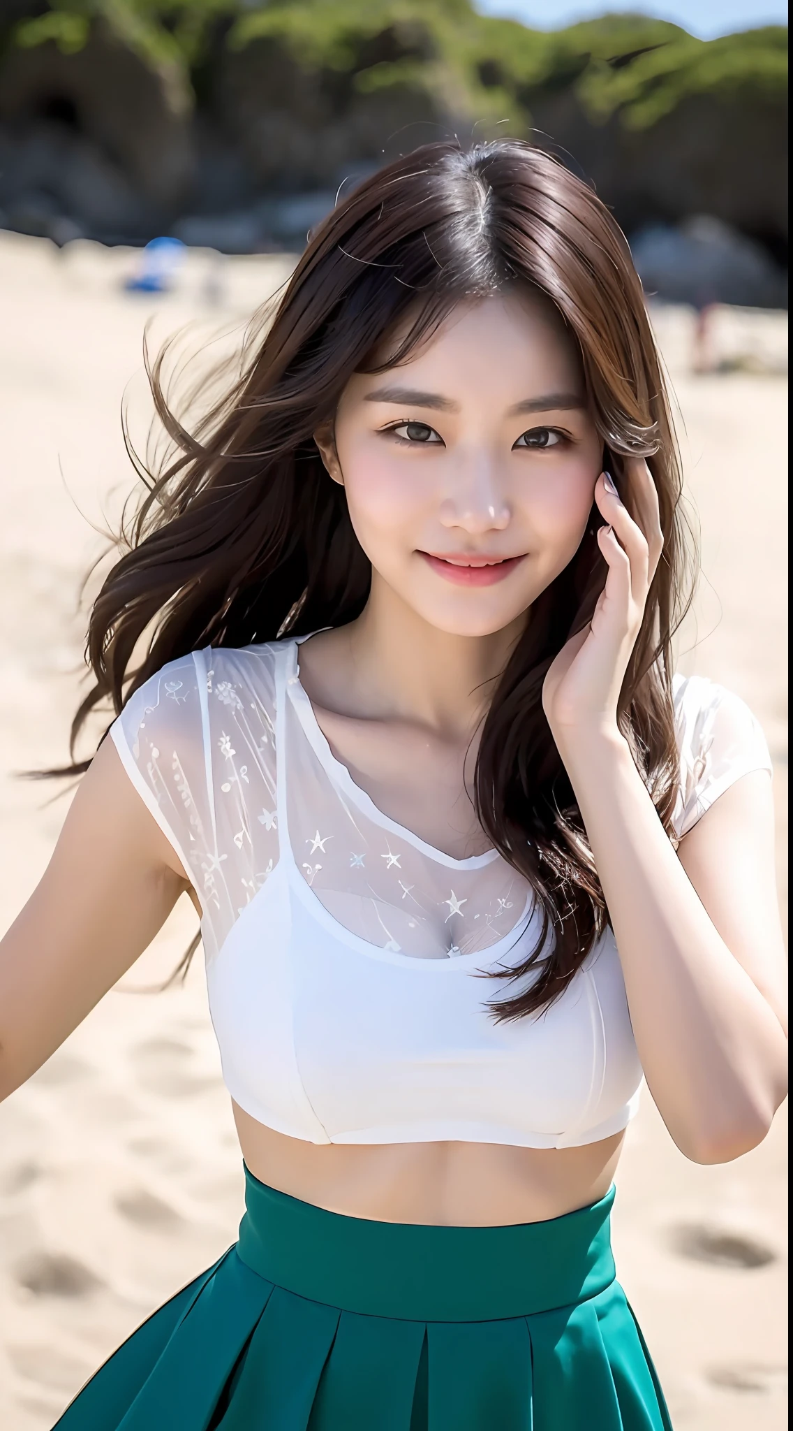 (1 Korean star with royal sister style), ((best quality, 8k, masterpiece: 1.3)), (beach: 1.8), focus: 1.2, perfect body beauty: 1.4, (pouting smile: 1.2), (hips: 1.3), highly detailed face and skin texture, fine eyes, double eyelids, whitening skin, (long hair, air bangs: 1.3), (beautiful perfect face: 1.5), (beach skirt: 1.4),