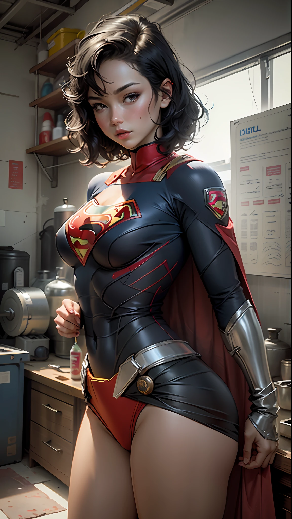 Beautiful woman short black hair defined body big breasts, wearing Supergirl cosplay