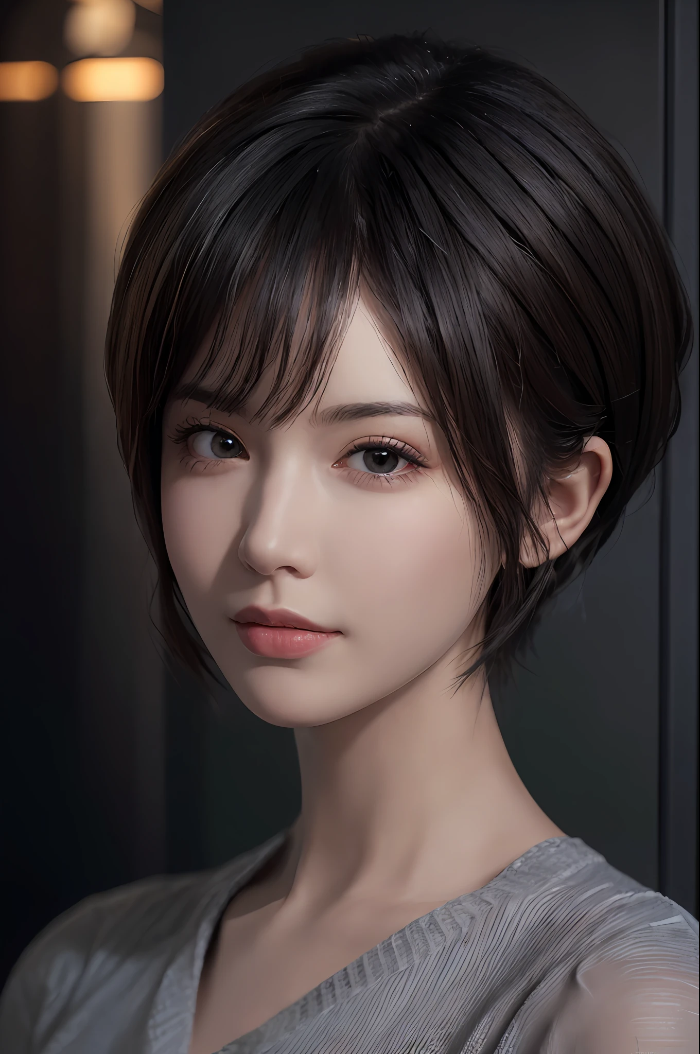 (masterpiece:1.3), (8k, photorealistic, RAW photo, best quality: 1.4), (1girl), beautiful face, (realistic face), (black hair, short hair:1.3), beautiful hairstyle, realistic eyes, beautiful detailed eyes, (realistic skin), beautiful skin, (sweater), absurdres, attractive, ultra high res, ultra realistic, highly detailed, golden ratio