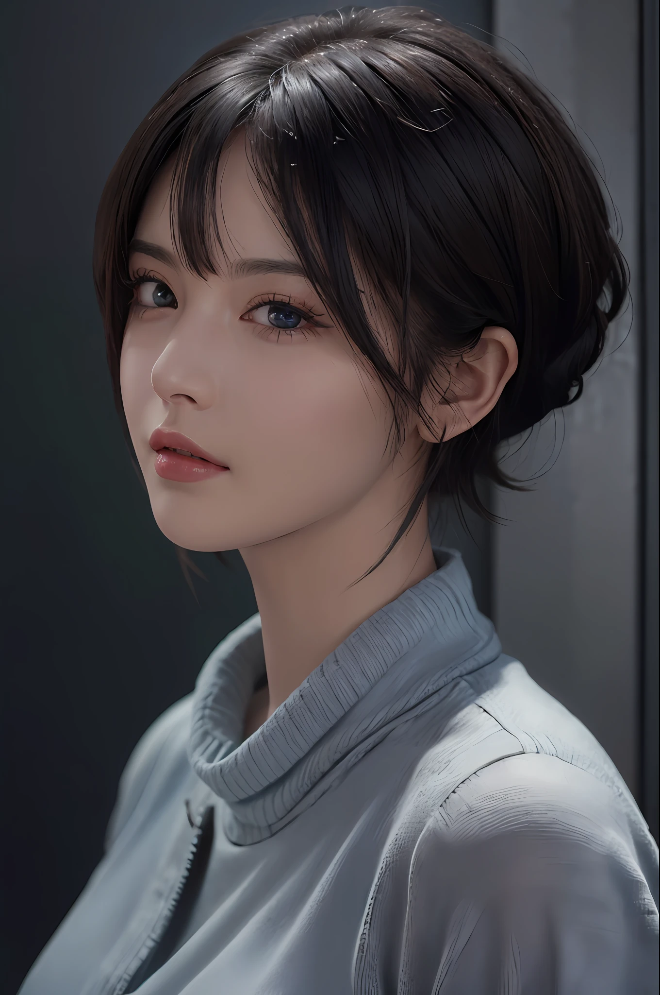 (masterpiece:1.3), (8k, photorealistic, RAW photo, best quality: 1.4), (1girl), beautiful face, (realistic face), (black hair, short hair:1.3), beautiful hairstyle, realistic eyes, beautiful detailed eyes, (realistic skin), beautiful skin, (sweater), absurdres, attractive, ultra high res, ultra realistic, highly detailed, golden ratio