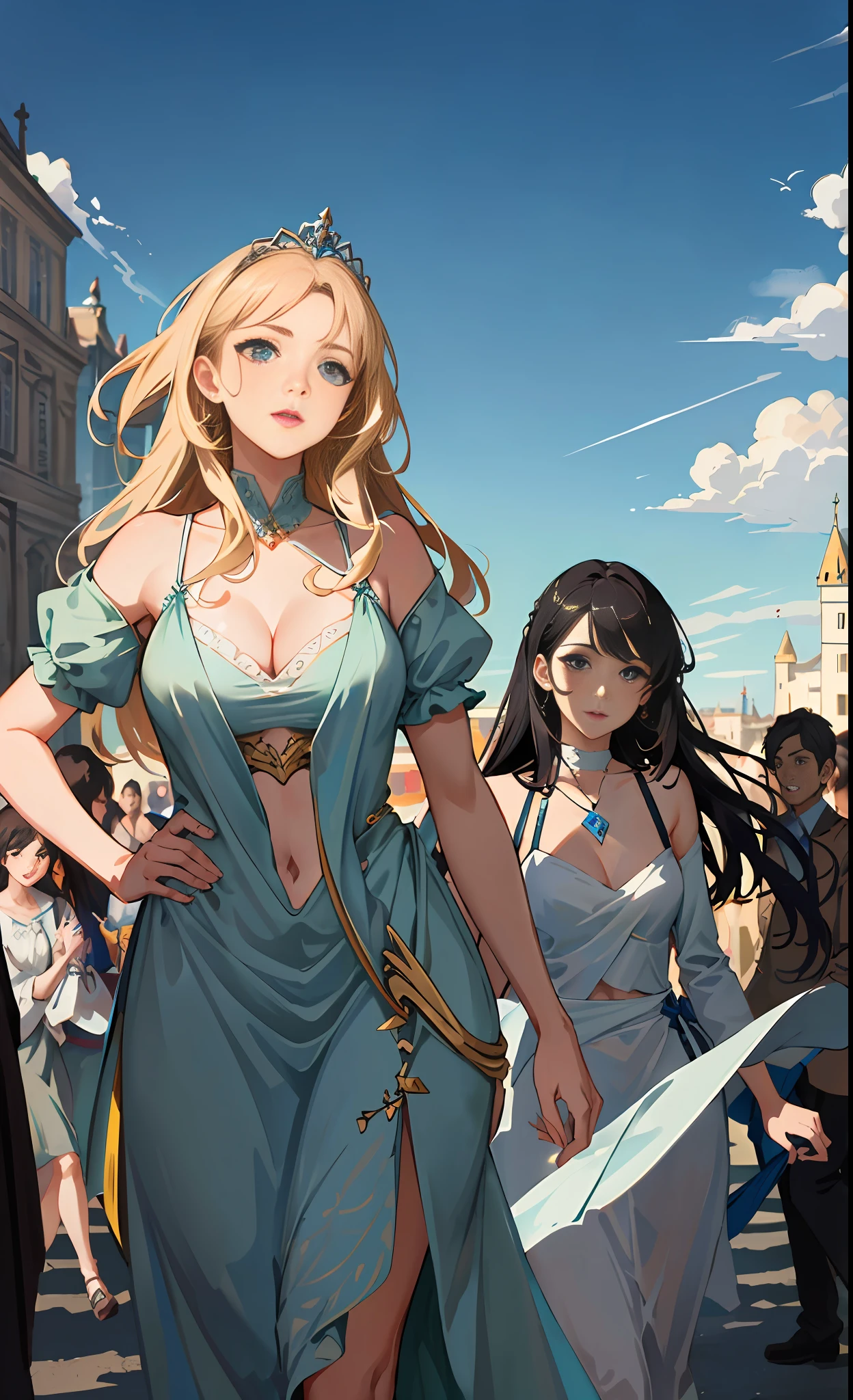 Model shooting style, (extremely detailed CG Unity 8k wallpaper), full-shot body photo of the most beautiful artwork in the world, stunning beautiful photo realistic available, super realistic super detailed photo, a beautiful girl as a female dancer,complex dress, banquet, crowd, [slight smile],(Chateau de Versailles, Pisa Baptistery Of St. John background, Flowers,navel,crowd),(princess eyes, shining pupils),detailed symmetrical beautiful hazel eyes, detailed gorgeous face, highly detailed, Vibrant, professional majestic oil painting by Ed Blinkey, Atey Ghailan, Studio Ghibli, Jeremy Mann, Greg Manchess, Antonio Moro, ArtStation Trends, CGSociety Trends, Complex, High Detail, Sharp Focus, Dramatic, Realistic Painting Art, by Midjourney and Greg Written by Rutkowski