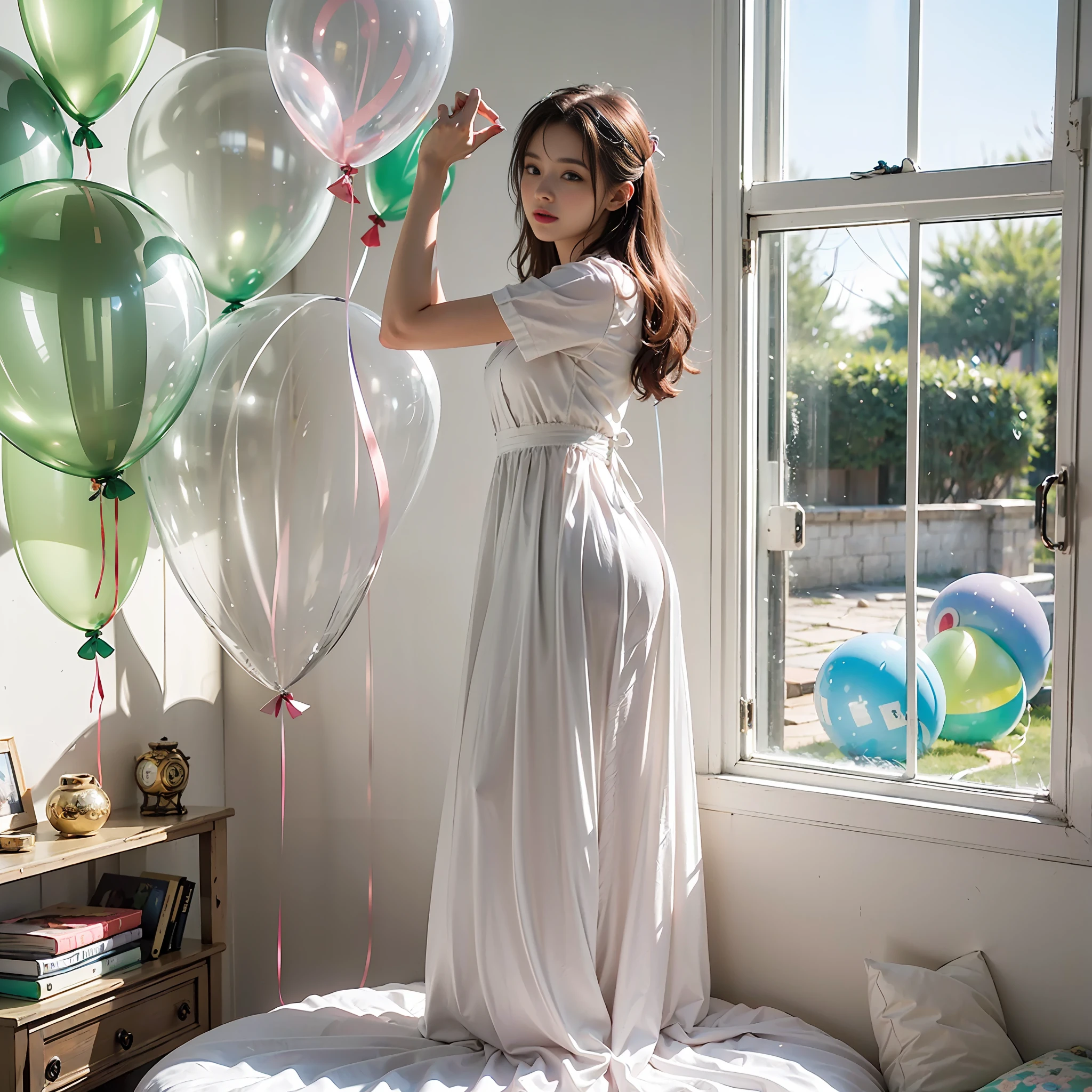(MASTERPIECE:1.2),(CGI ART:1.3),(REALISTIC:1.5),(POST PROCESSING:1.3),(SHARP FOCUS:1.3),8K,1 girl in bedroom, ((UPPER BODY)), ((white dress)), (((shiny skin))), (wide shot:1.4), window,  (((Pastel balloons MESS IN BACKGROUND))), (high shadows detail) , (ILLUSTRATION:1.2), (ulzzang-6500:1.0), ((HDR)),