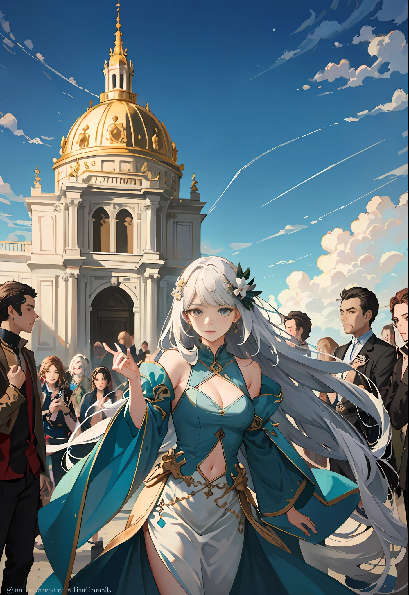 Model shooting style, (extremely detailed CG Unity 8k wallpaper), half-shot body photo of the most beautiful artwork in the world, stunning beautiful photo realistic available, super realistic super detailed photo, a beautiful girl as a female dancer,complex dress, banquet, crowd, [slight smile],(Chateau de Versailles, Pisa Baptistery Of St. John background, Flowers,navel,crowd),(princess eyes, shining pupils),detailed symmetrical beautiful hazel eyes, detailed gorgeous face, highly detailed, Vibrant, professional majestic oil painting by Ed Blinkey, Atey Ghailan, Studio Ghibli, Jeremy Mann, Greg Manchess, Antonio Moro, ArtStation Trends, CGSociety Trends, Complex, High Detail, Sharp Focus, Dramatic, Realistic Painting Art, by Midjourney and Greg Written by Rutkowski