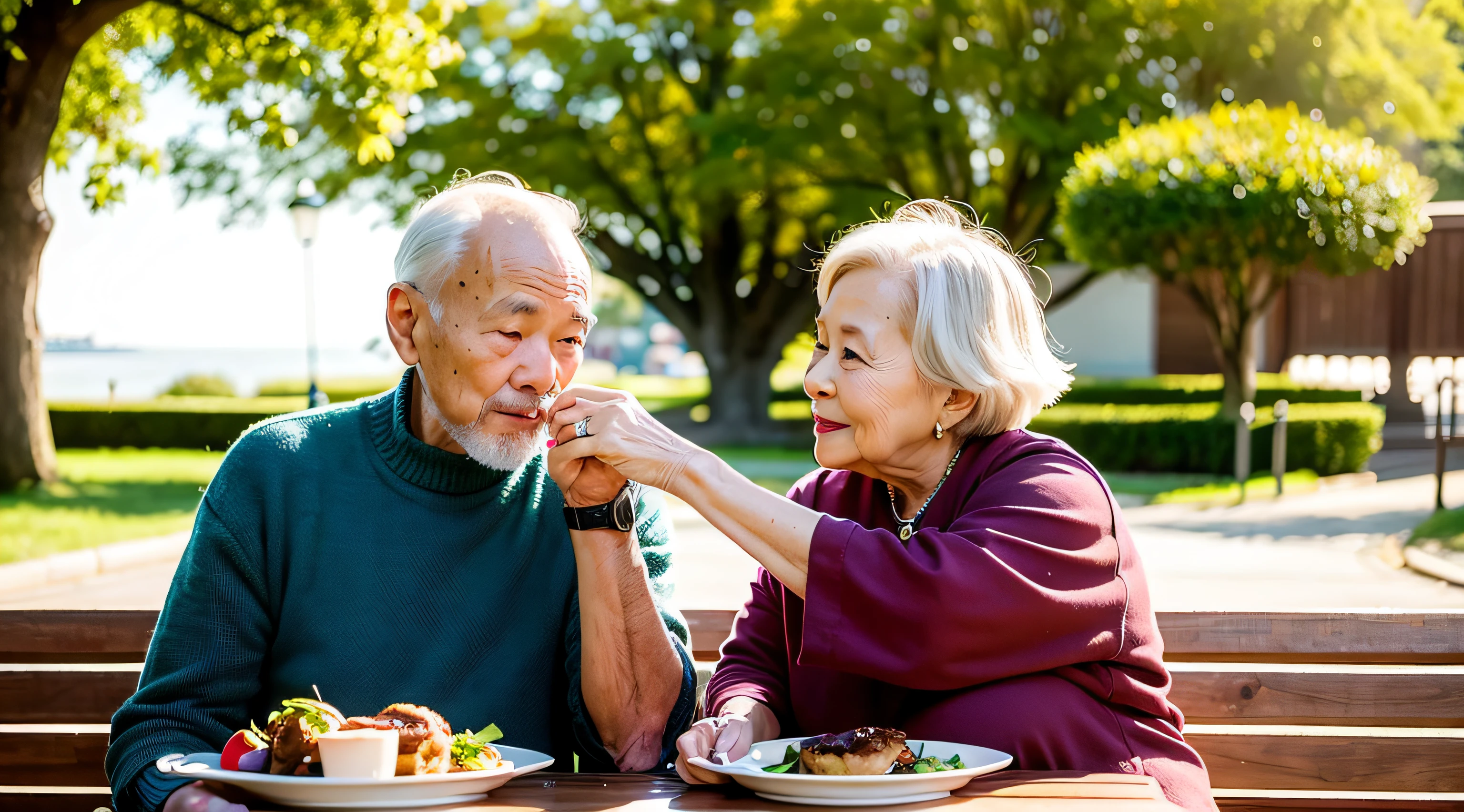 an old couple siting on a bench, (Asian), (casual wear), caring, grandmother giving food to grandfather, in a park