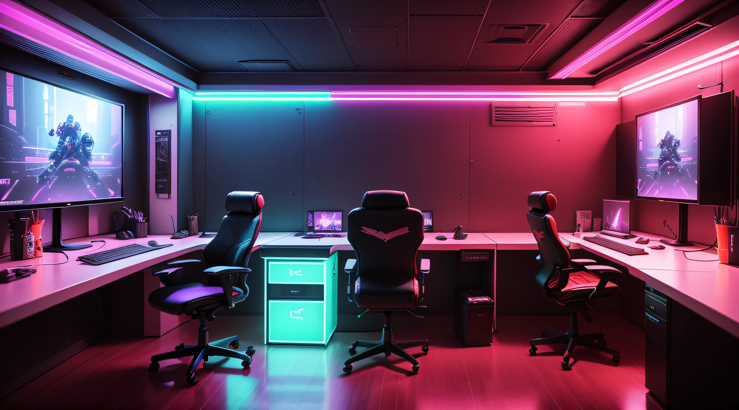 The room environment is neon，cyberpunk theme，Table with chairs and screen，Esports room background，Purple neon，In 2040，In the evening，Neon lighting throughout the space，Orange and blue neon lighting，Distinctive cyberpunk styling。