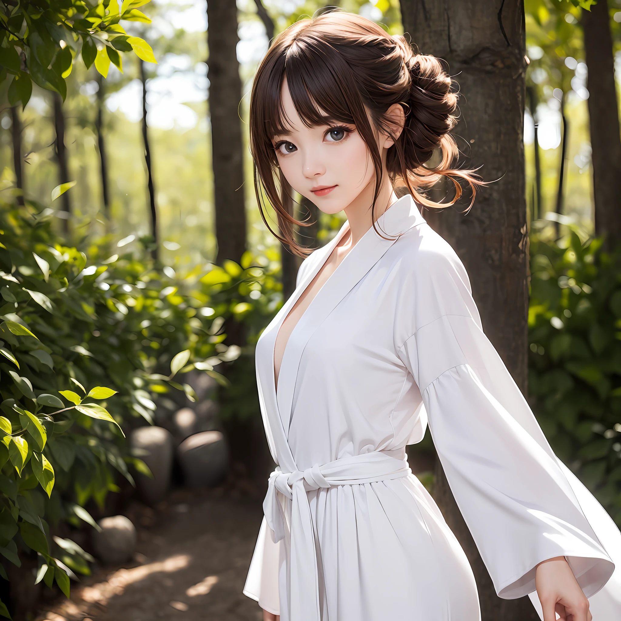 ((1girly))、Light magic、Wearing a white robe made of light、magical forest、flow、(((firey))magic)、(((Flowing hairstyle)))、(((shinning eyes)))、((vokeh))、Depth-of-field、, short hairs, Nice hairstyle, Nice clothes
