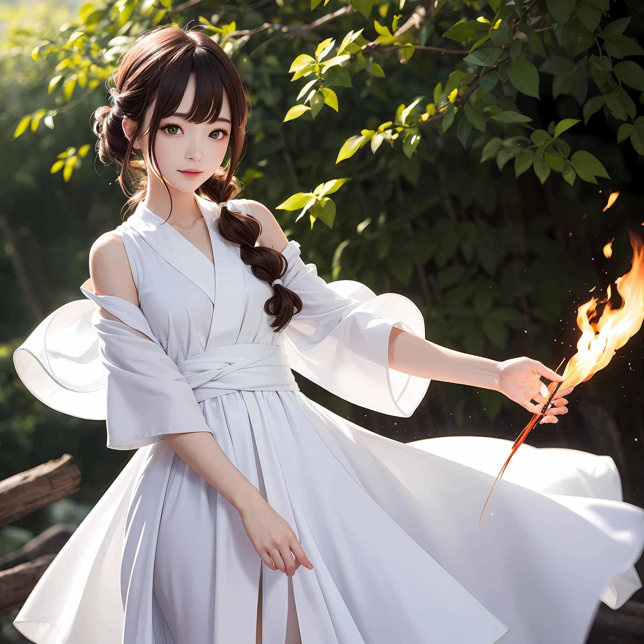 ((1girly))、Light magic、Wearing a white robe made of light、magical forest、flow、(((firey))magic)、(((Flowing hairstyle)))、(((shinning eyes)))、((vokeh))、Depth-of-field、, short hairs, Nice hairstyle, Nice clothes